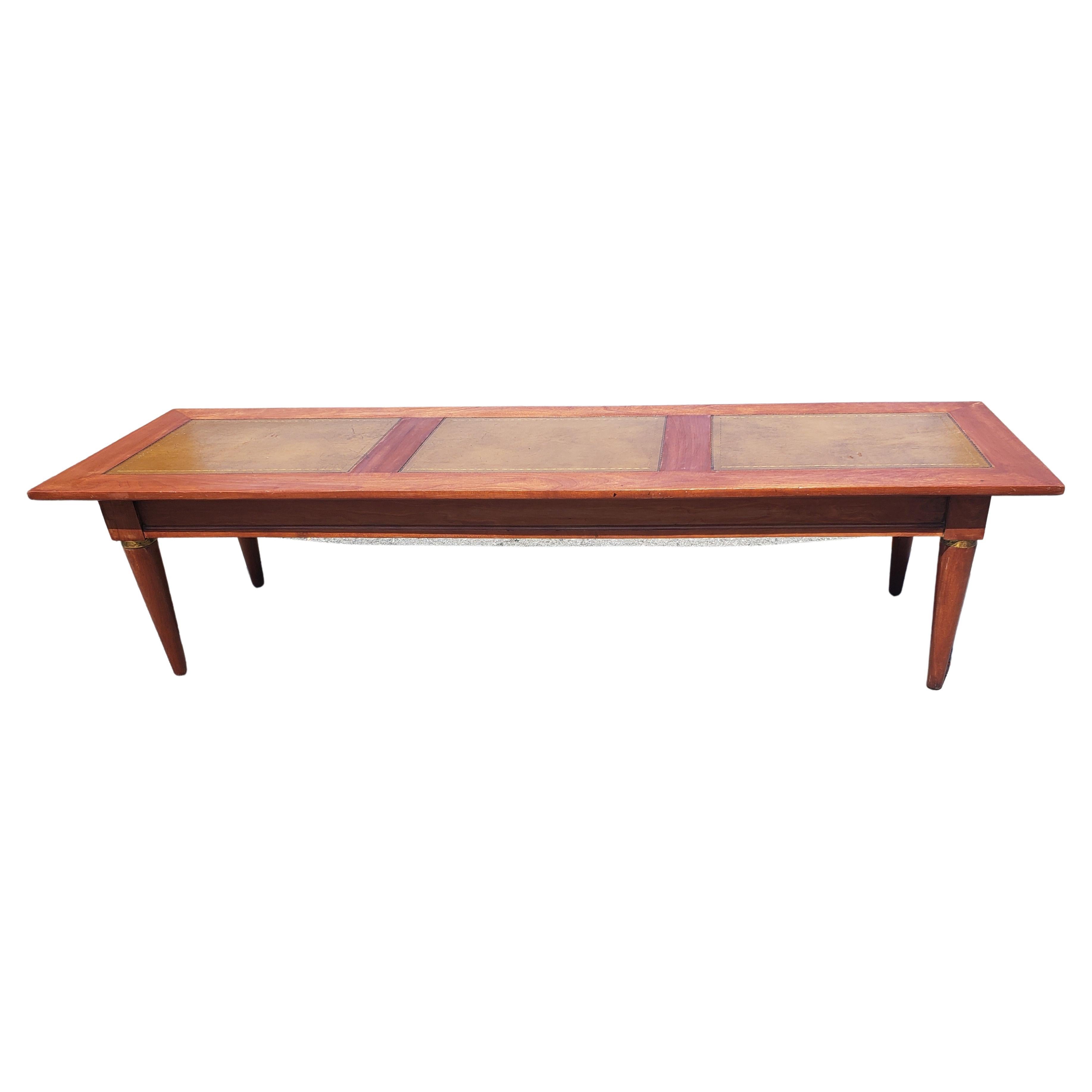 Vintage Solid Cherry and Stenciled Leather Top Coffee Table For Sale