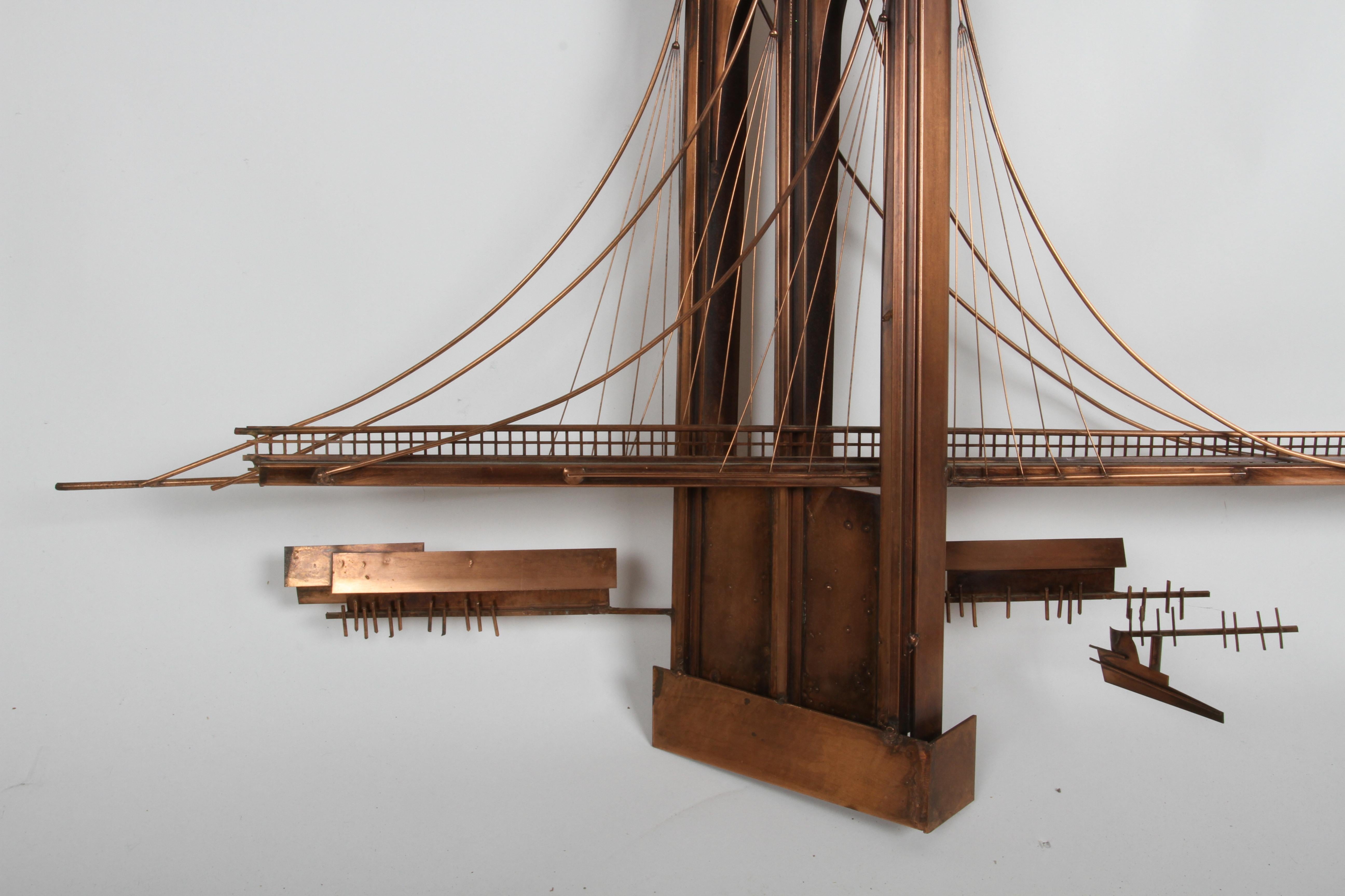 Vintage Solid Copper Brooklyn Bridge Wall Sculpture Curtis Jeré circa 1970s In Good Condition For Sale In St. Louis, MO