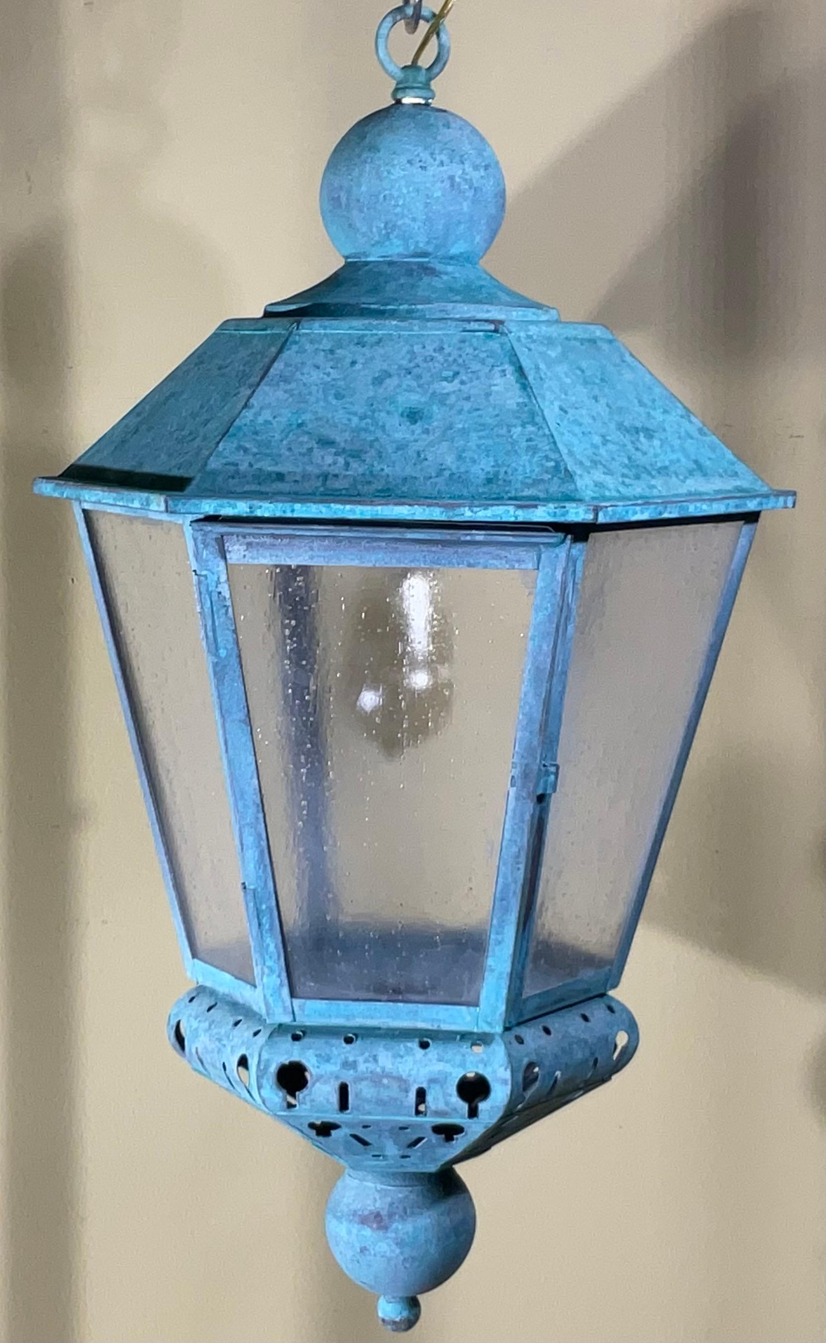 Vintage Solid Copper Verdigris Outdoor Lantern - Seedy Acrylic Panels For Sale 4