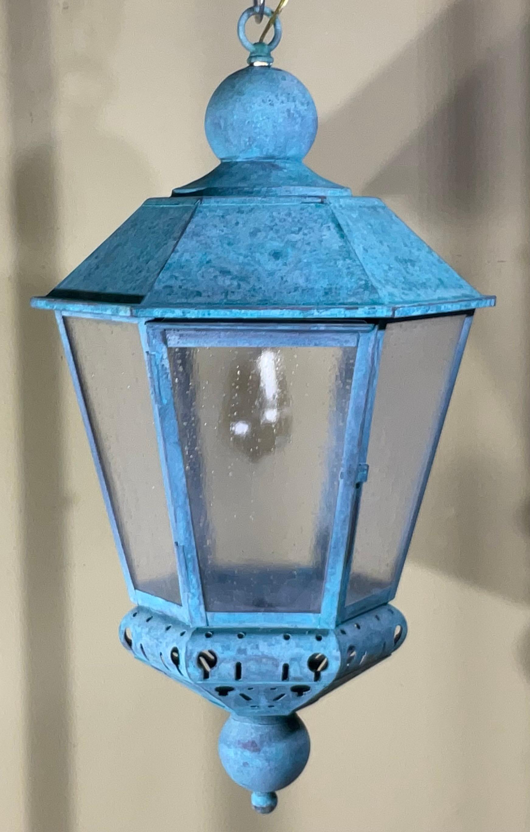 Vintage Solid Copper Verdigris Outdoor Lantern - Seedy Acrylic Panels For Sale 5