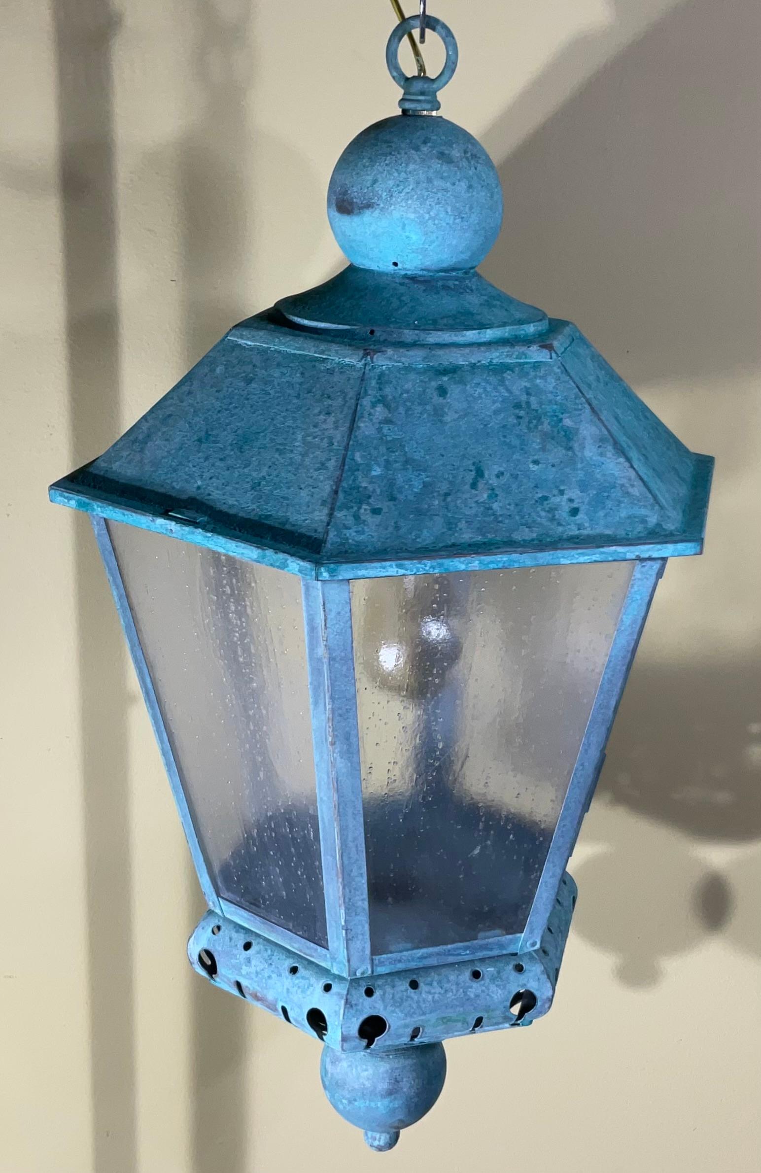 Vintage Solid Copper Verdigris Outdoor Lantern - Seedy Acrylic Panels For Sale 6