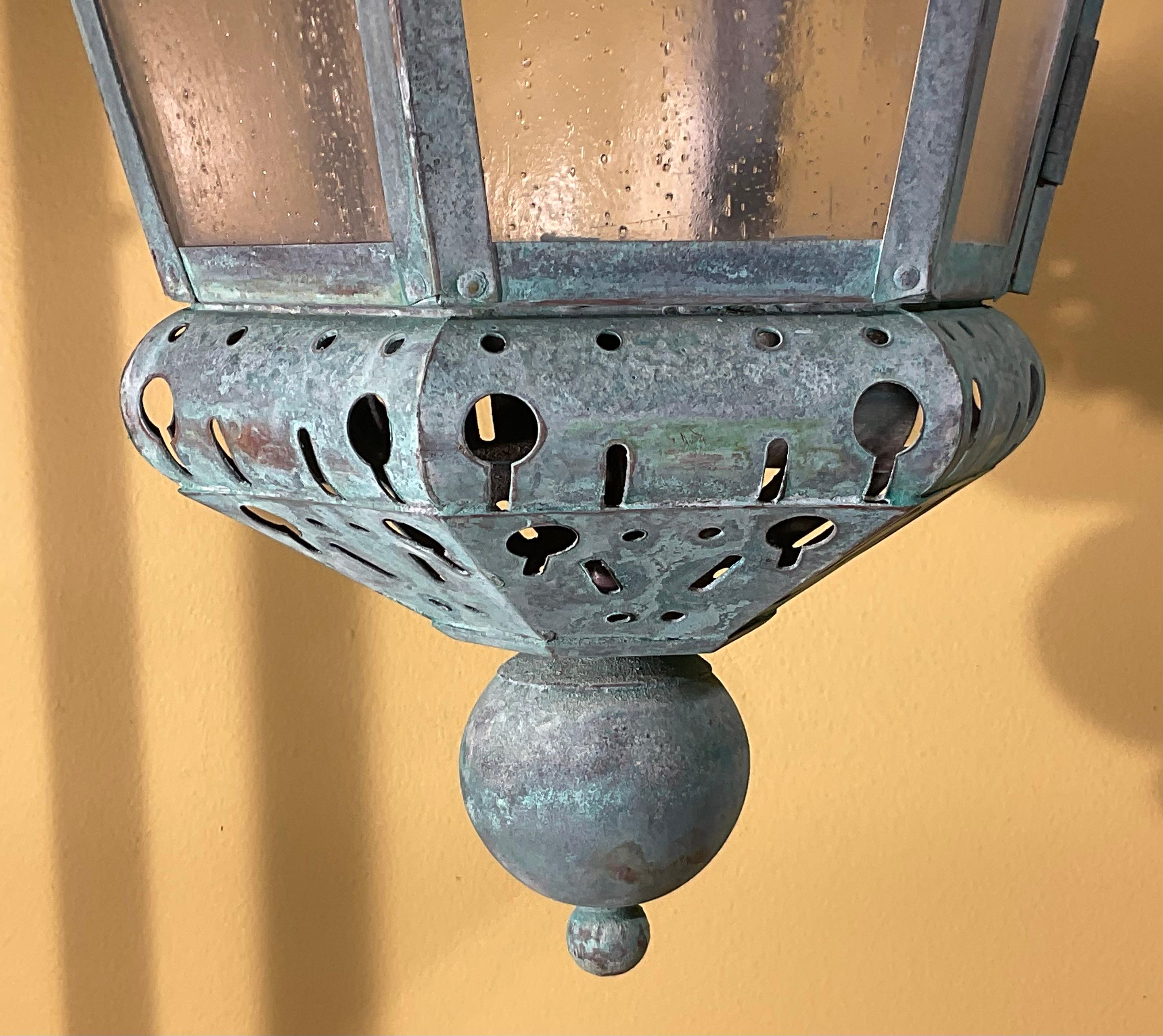 Vintage Solid Copper Verdigris Outdoor Lantern - Seedy Acrylic Panels For Sale 7