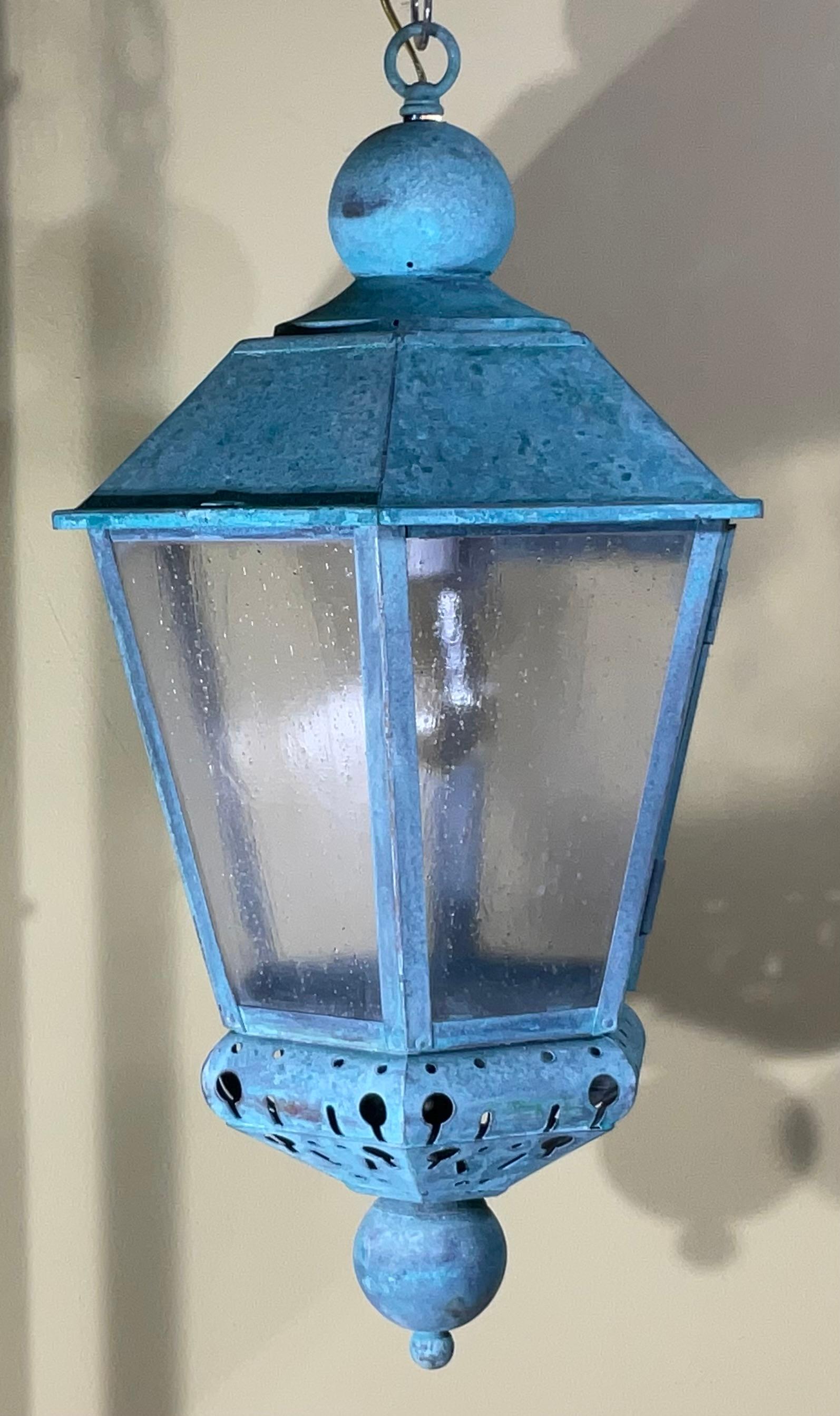 Vintage Solid Copper Verdigris Outdoor Lantern - Seedy Acrylic Panels For Sale 7