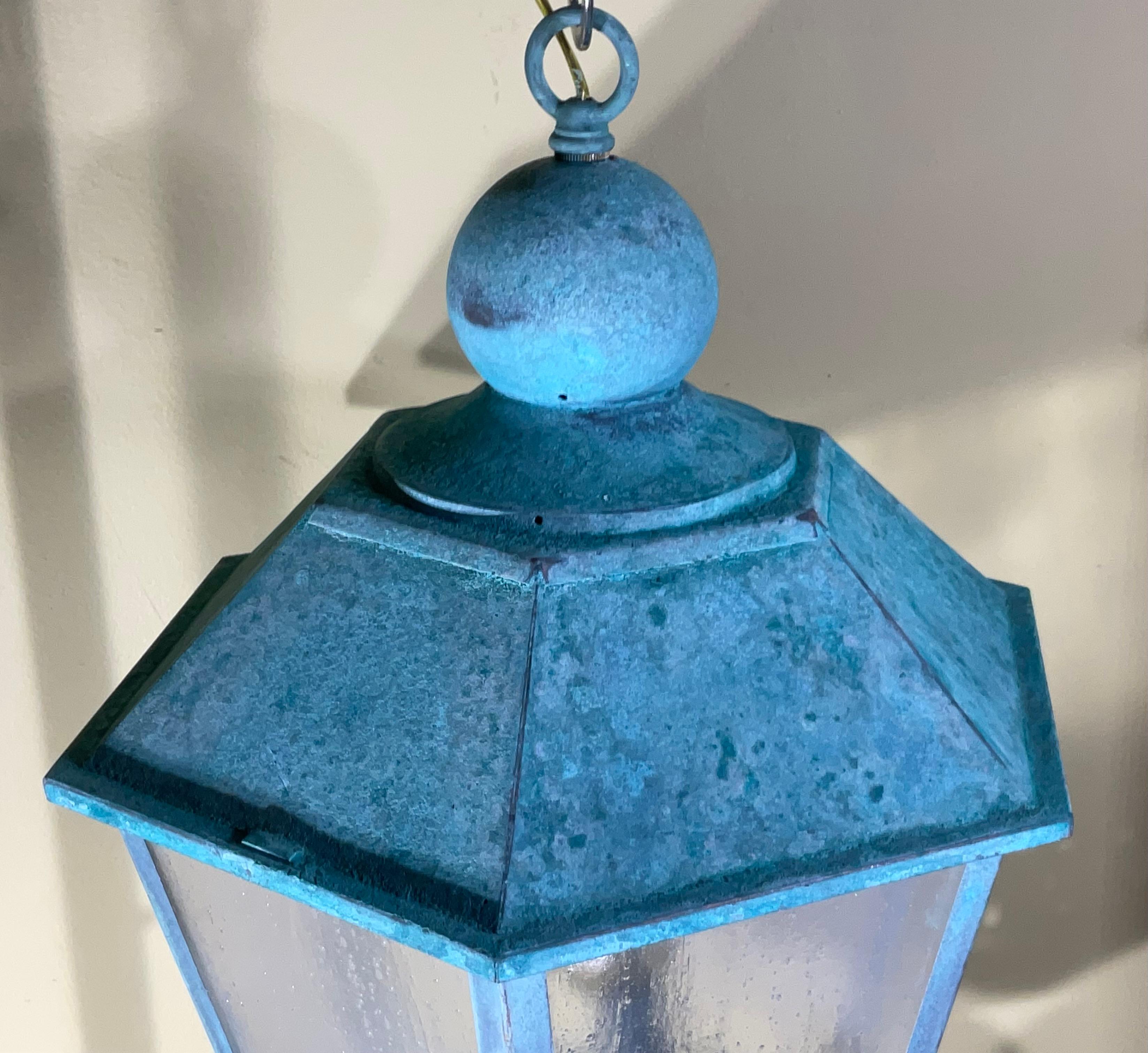 Vintage Solid Copper Verdigris Outdoor Lantern - Seedy Acrylic Panels For Sale 8