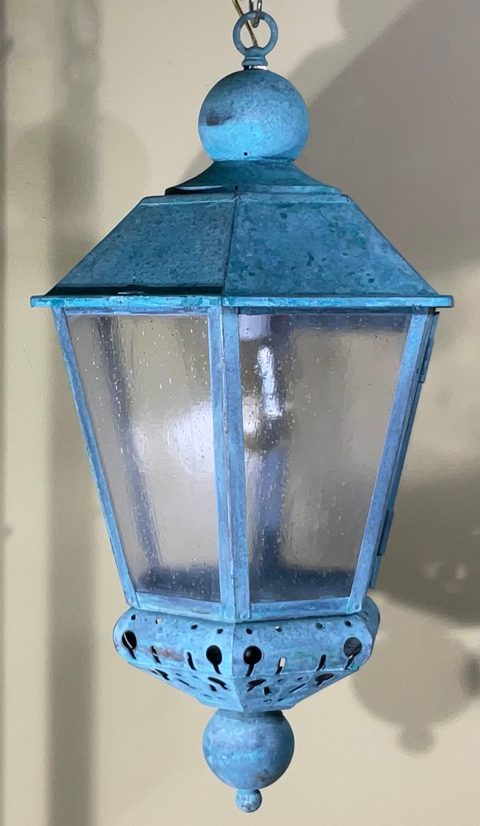 Vintage Solid Copper Verdigris Outdoor Lantern - Seedy Acrylic Panels For Sale 8