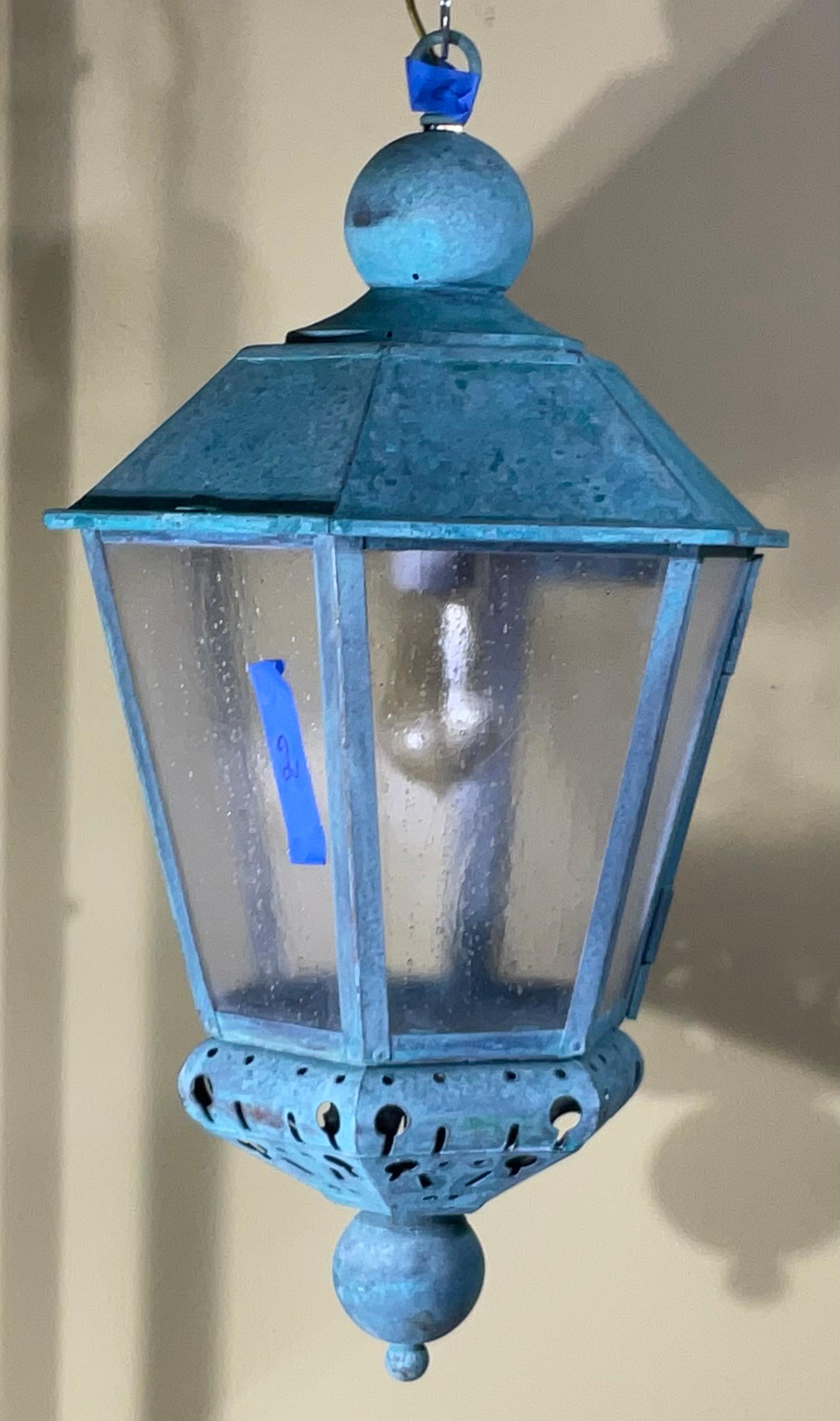 Vintage Solid Copper Verdigris Outdoor Lantern - Seedy Acrylic Panels For Sale 10