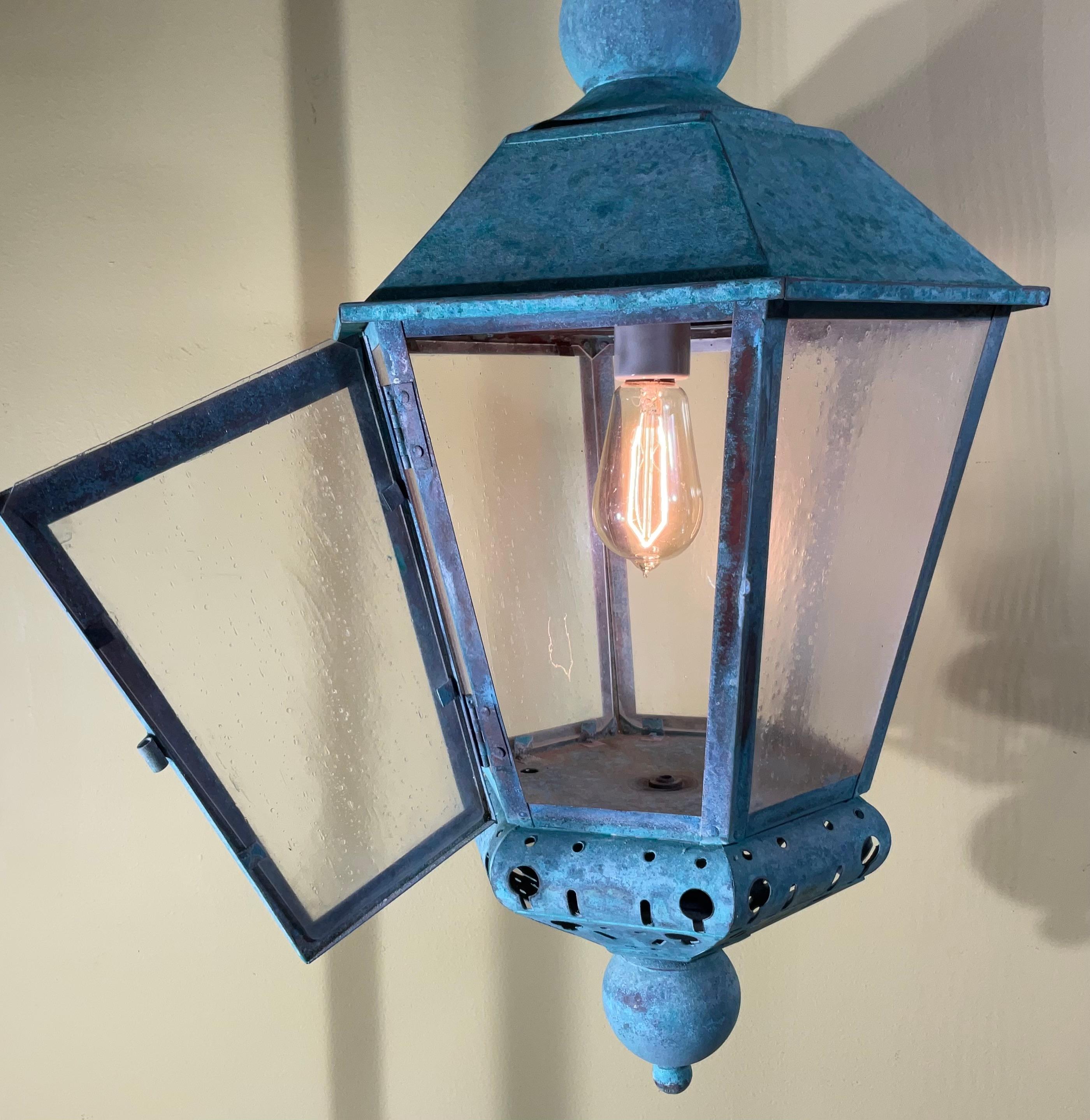 American Vintage Solid Copper Verdigris Outdoor Lantern - Seedy Acrylic Panels For Sale