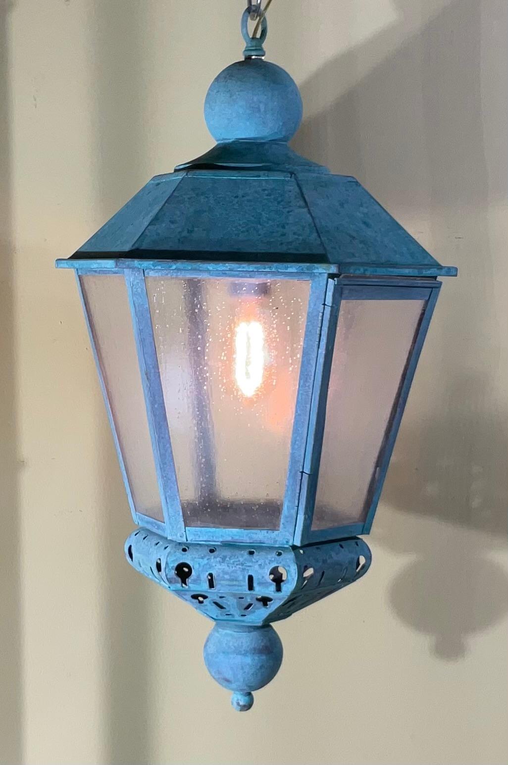 Hand-Crafted Vintage Solid Copper Verdigris Outdoor Lantern - Seedy Acrylic Panels For Sale