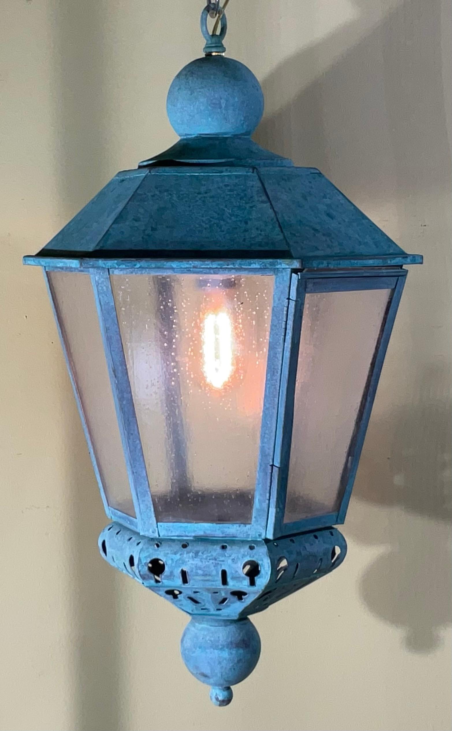 20th Century Vintage Solid Copper Verdigris Outdoor Lantern - Seedy Acrylic Panels For Sale