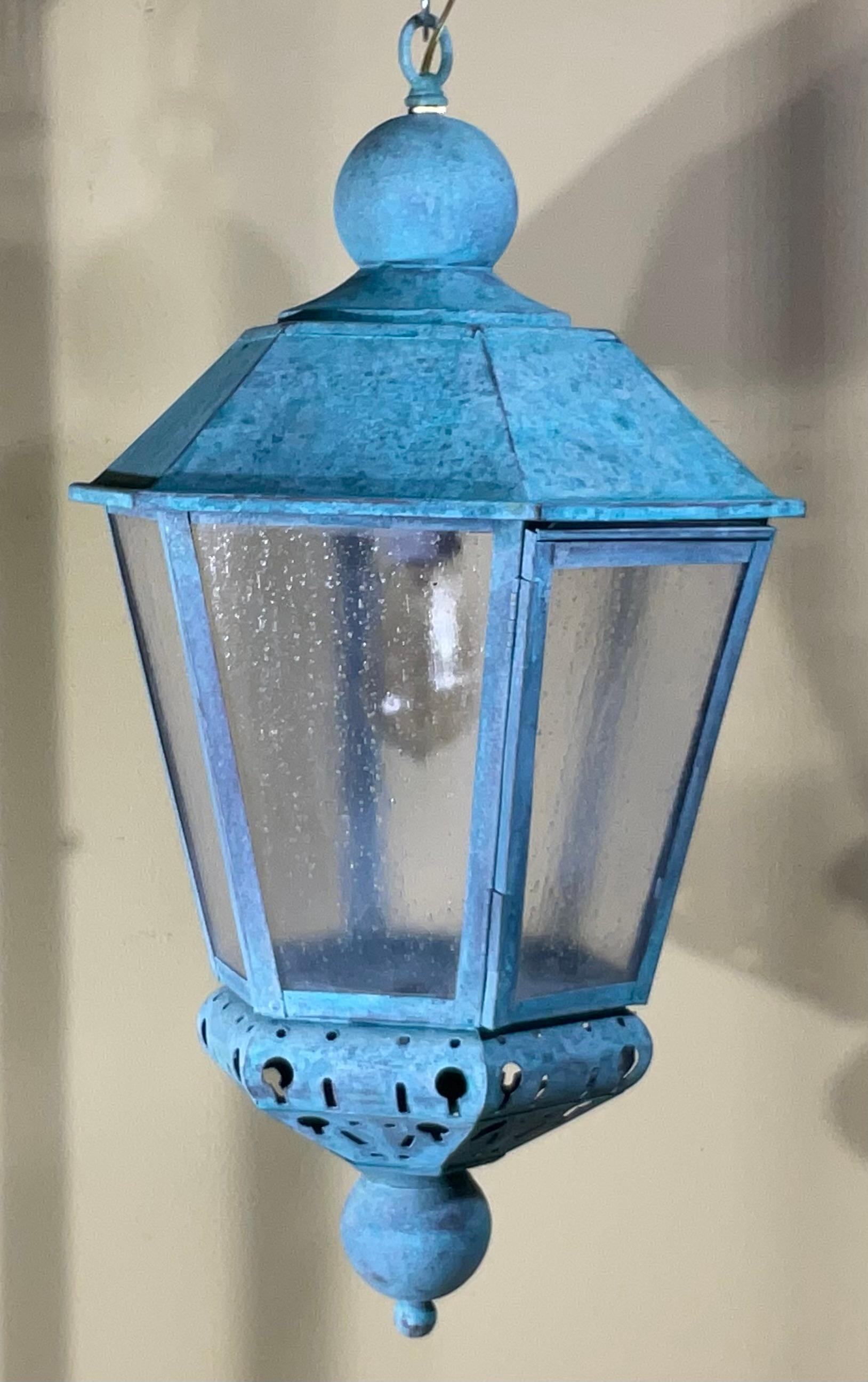 Vintage Solid Copper Verdigris Outdoor Lantern - Seedy Acrylic Panels For Sale 1