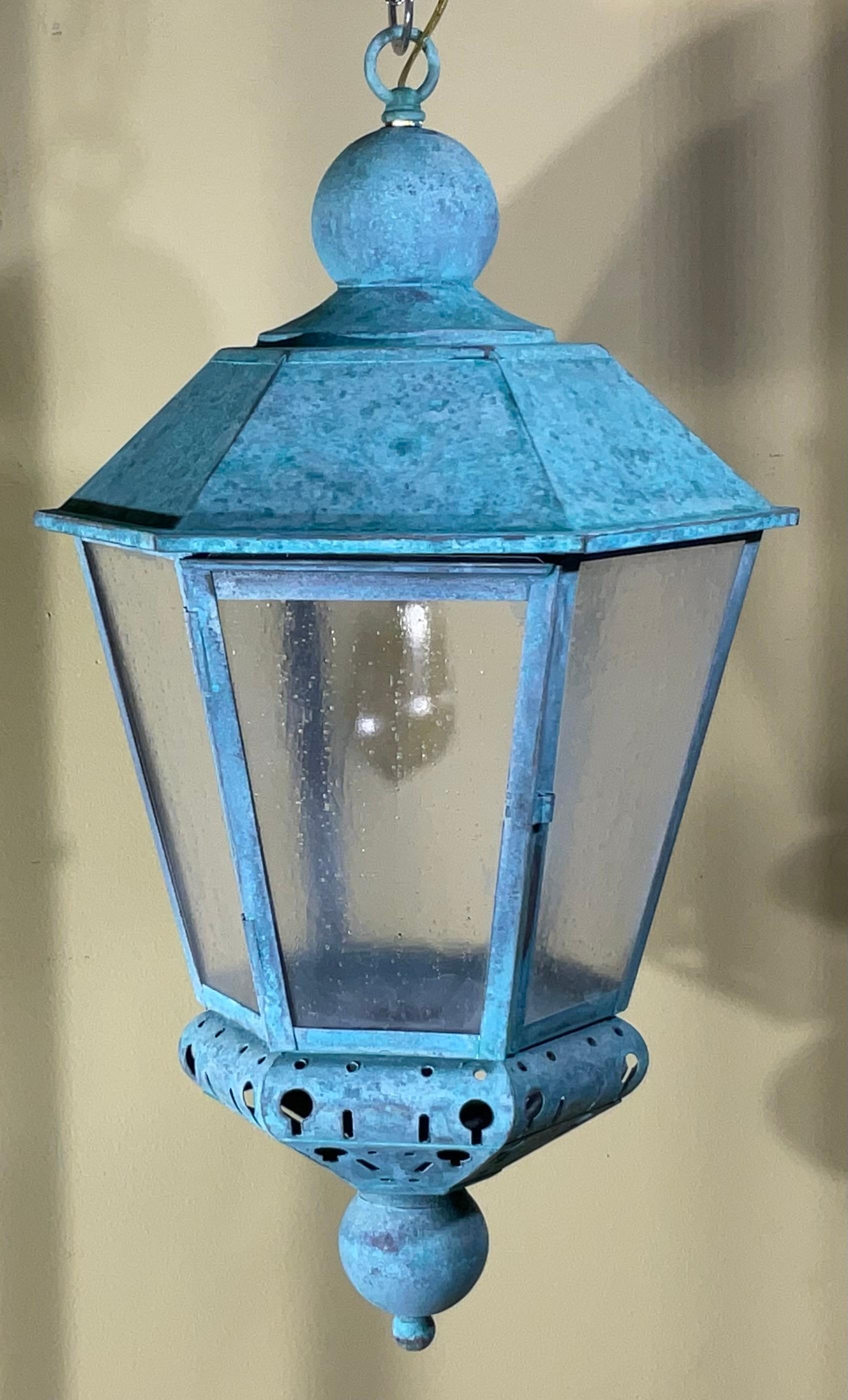 Vintage Solid Copper Verdigris Outdoor Lantern - Seedy Acrylic Panels For Sale 2