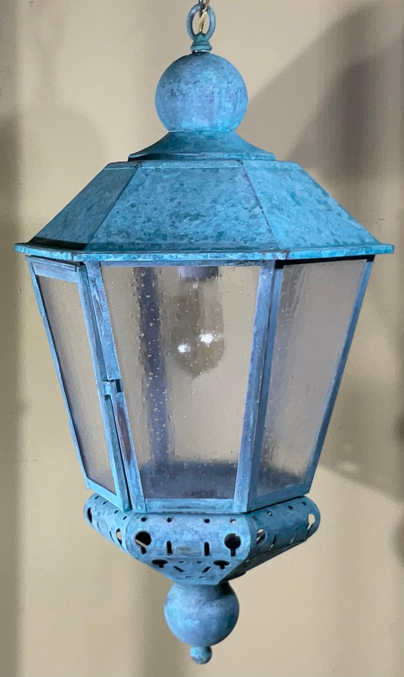 Vintage Solid Copper Verdigris Outdoor Lantern - Seedy Acrylic Panels For Sale 3