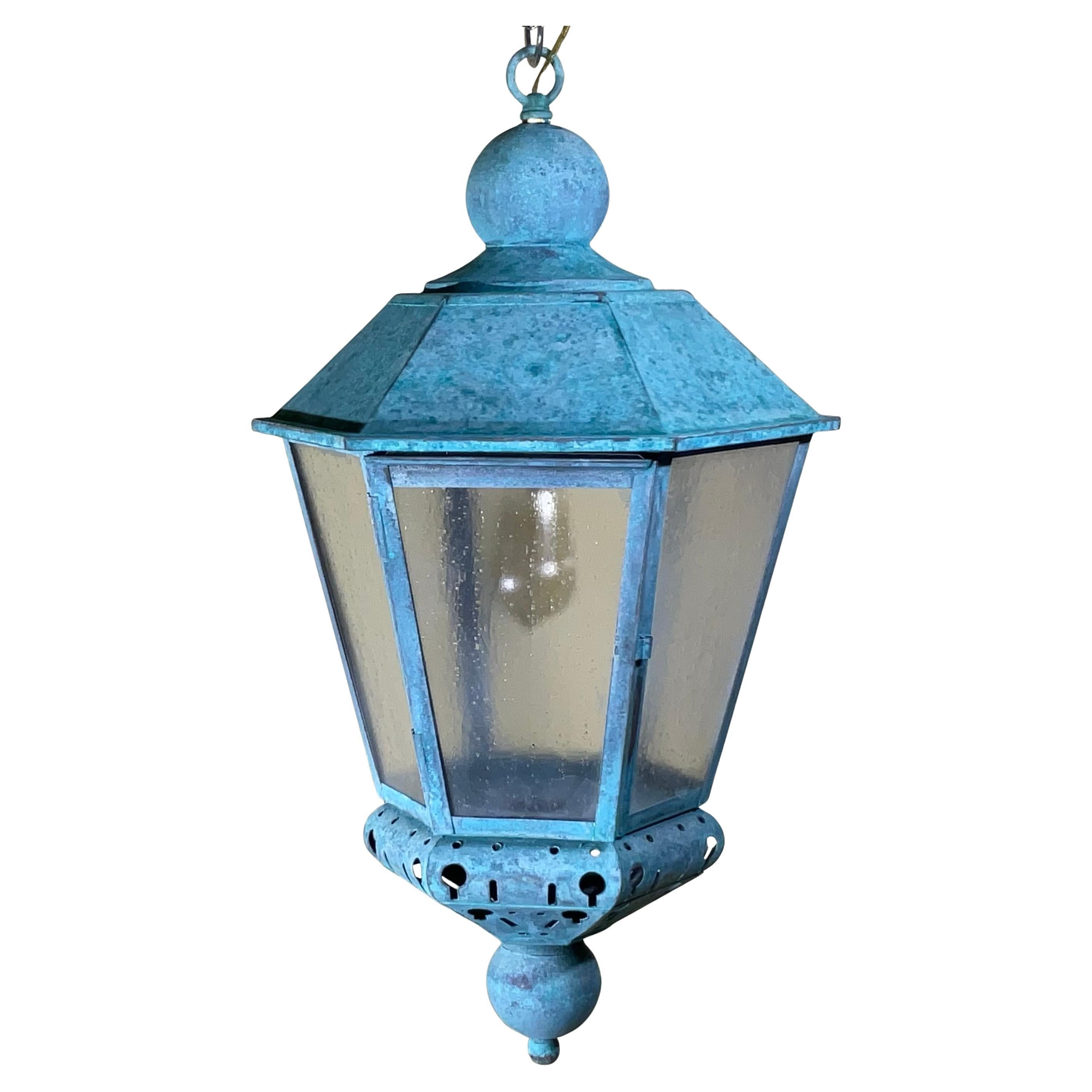 Vintage Solid Copper Verdigris Outdoor Lantern - Seedy Acrylic Panels For Sale