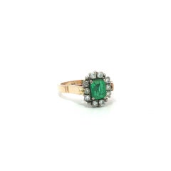 Vintage Solid Gold 0.90ctw Vivid Green Emerald Old Single Cut Diamond Halo Ring