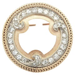 Vintage Solid Gold 1.56ctw Diamond Open Circle & Waves Round Brooch Pin