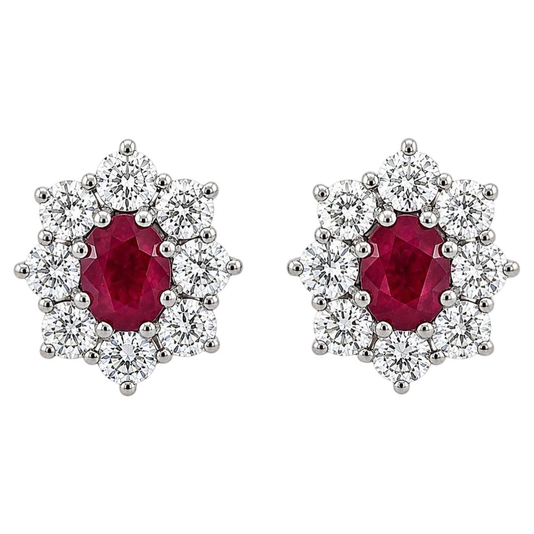 Vintage Solid Gold 5.1ct GIA Oval Burma Ruby Diamond Cluster Frame Stud Earrings For Sale