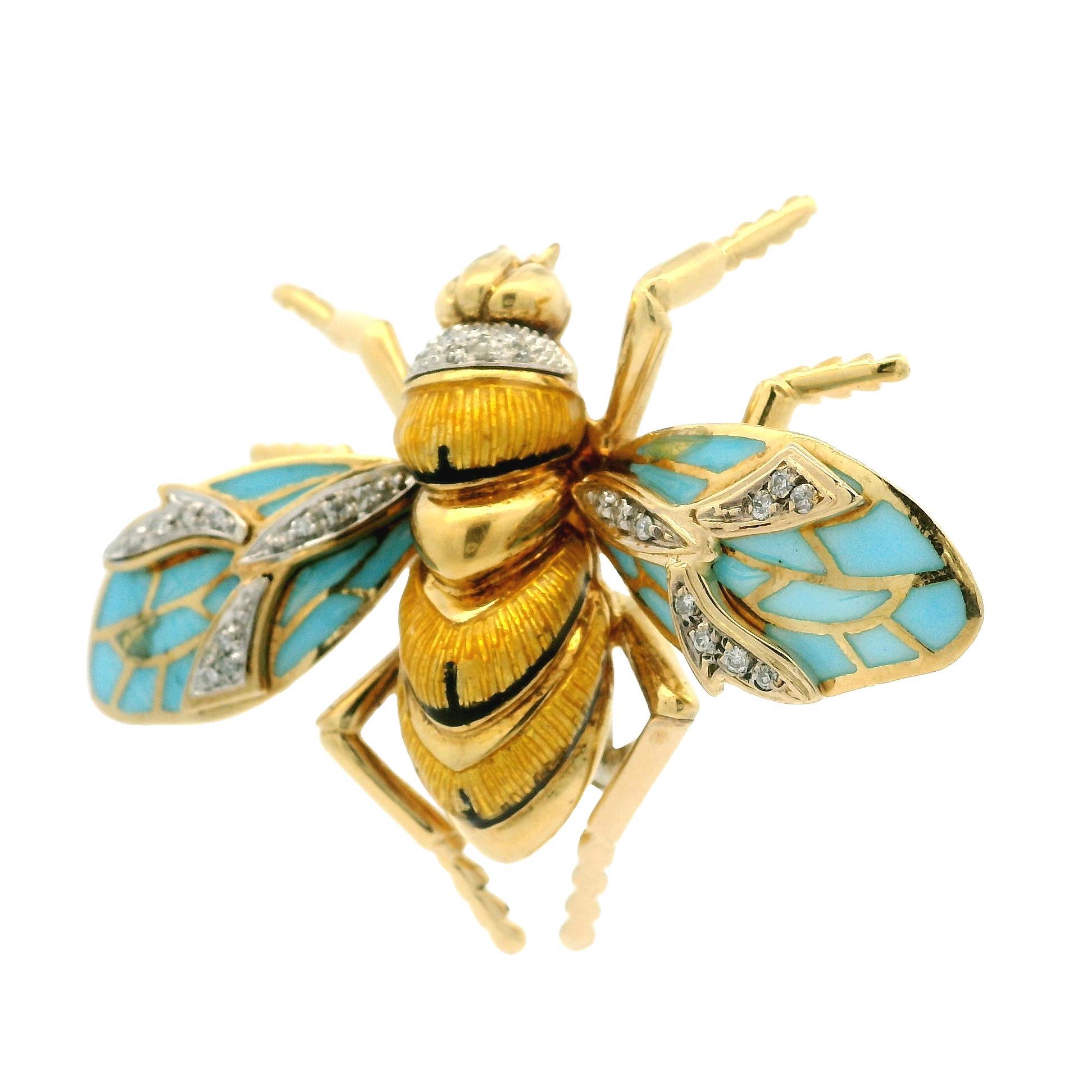 -A. Stone
(29) Diamanti naturali autentici - Taglio singolo - Incastonati - Colore bianco - 0,14ctw (circa)

Materiale: Oro giallo massiccio 18 carati con spilla in oro bianco 18 carati e smalto blu Plique A Jour
Peso: 23.1 grammi
Larghezza