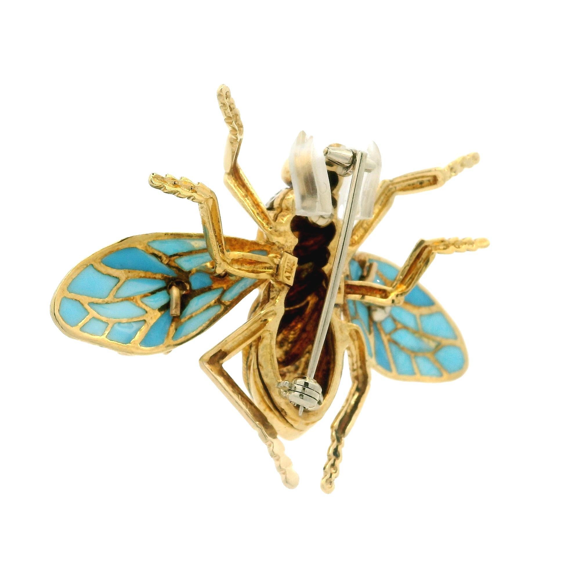 Donna Spilla d'oro massiccio d'epoca con diamante Plique A Jour e smalto, grande ape bipenne