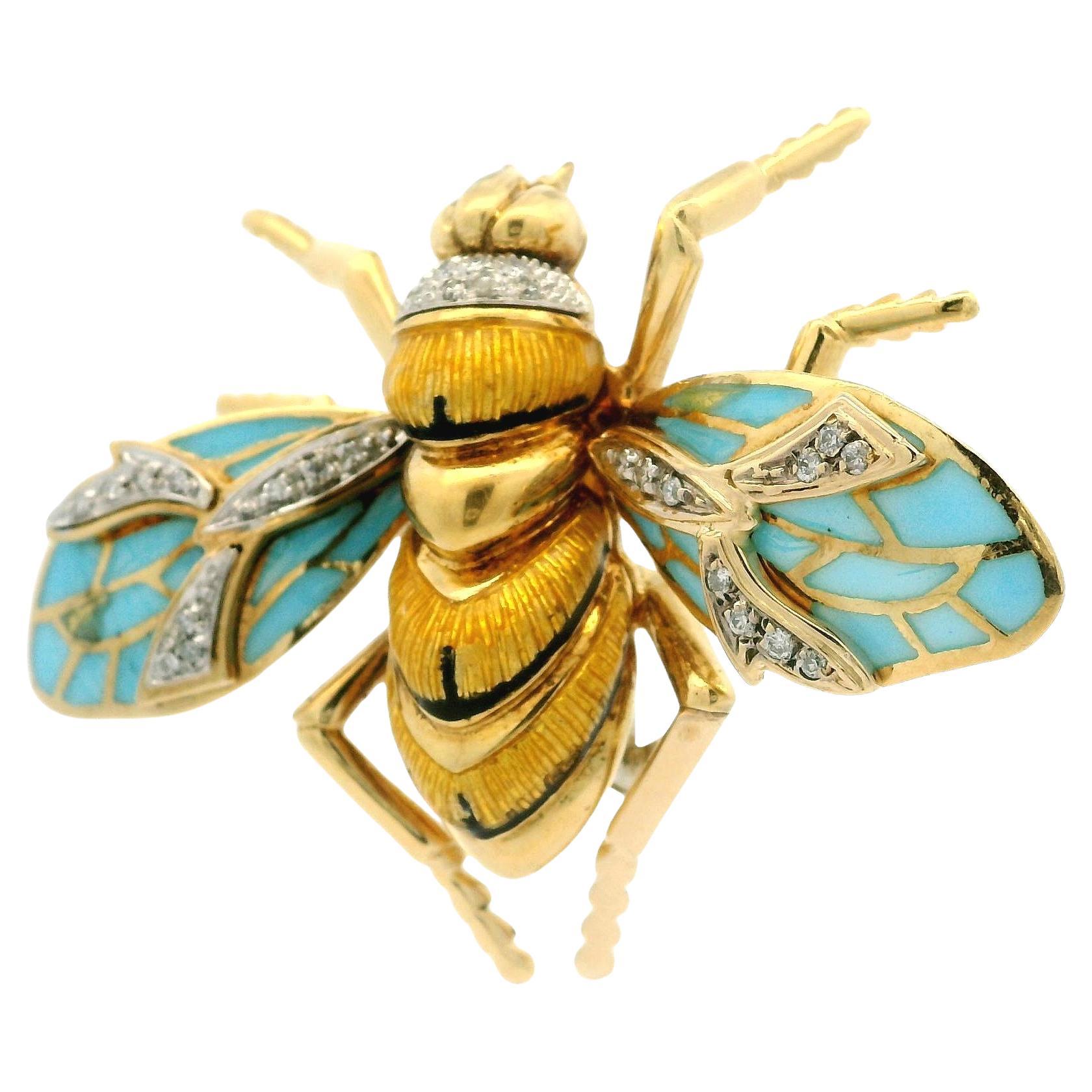 Vintage Solid Gold Diamond Plique A Jour Enamel Large Bumble Bee Pin Brooch