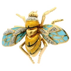 Vintage Solid Gold Diamond Plique A Jour Enamel Large Bumble Bee Pin Brooch