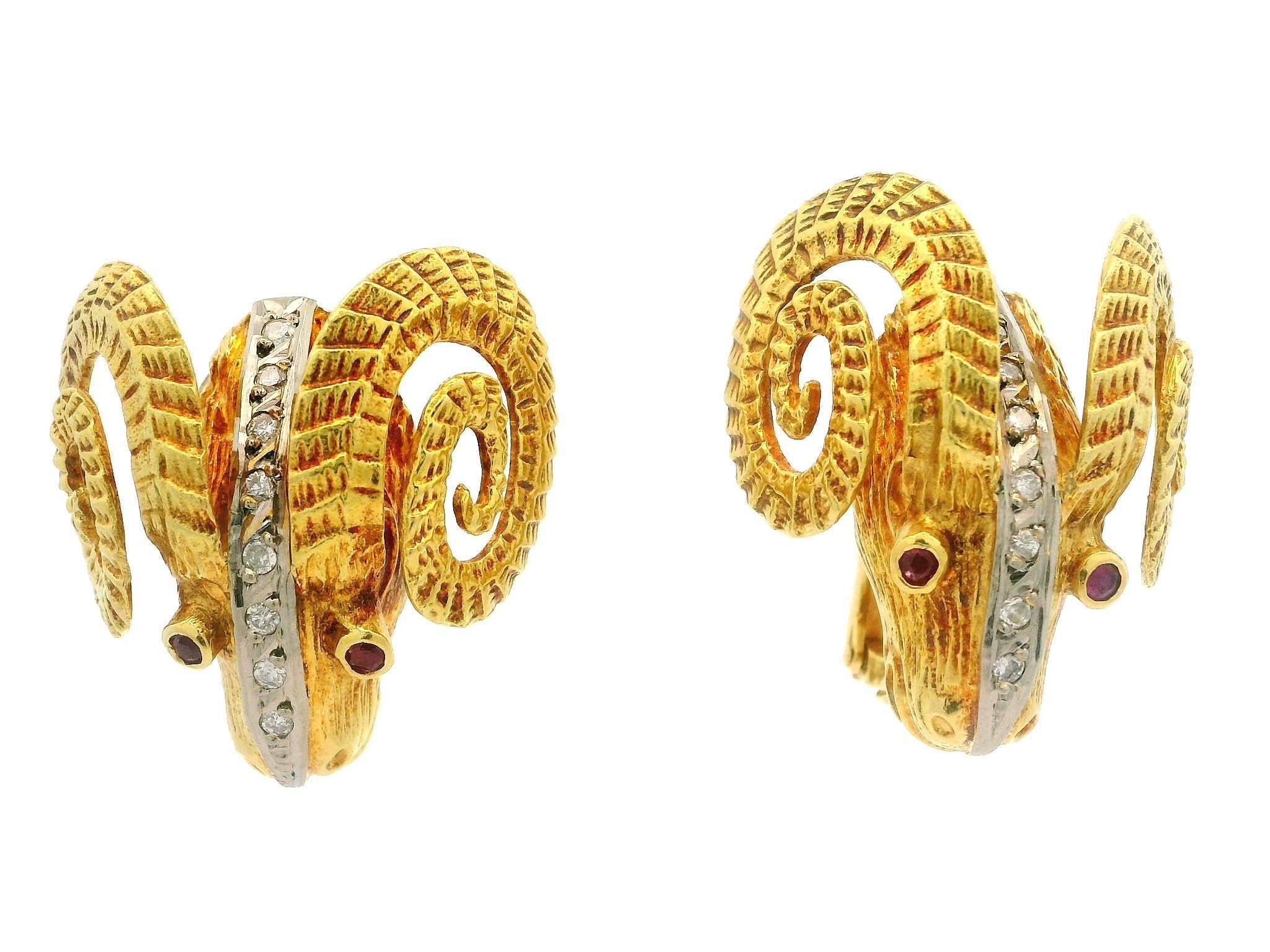 Brilliant Cut Vintage Solid Gold Diamond & Ruby Large Textured Ram Head Omega Back Earrings For Sale