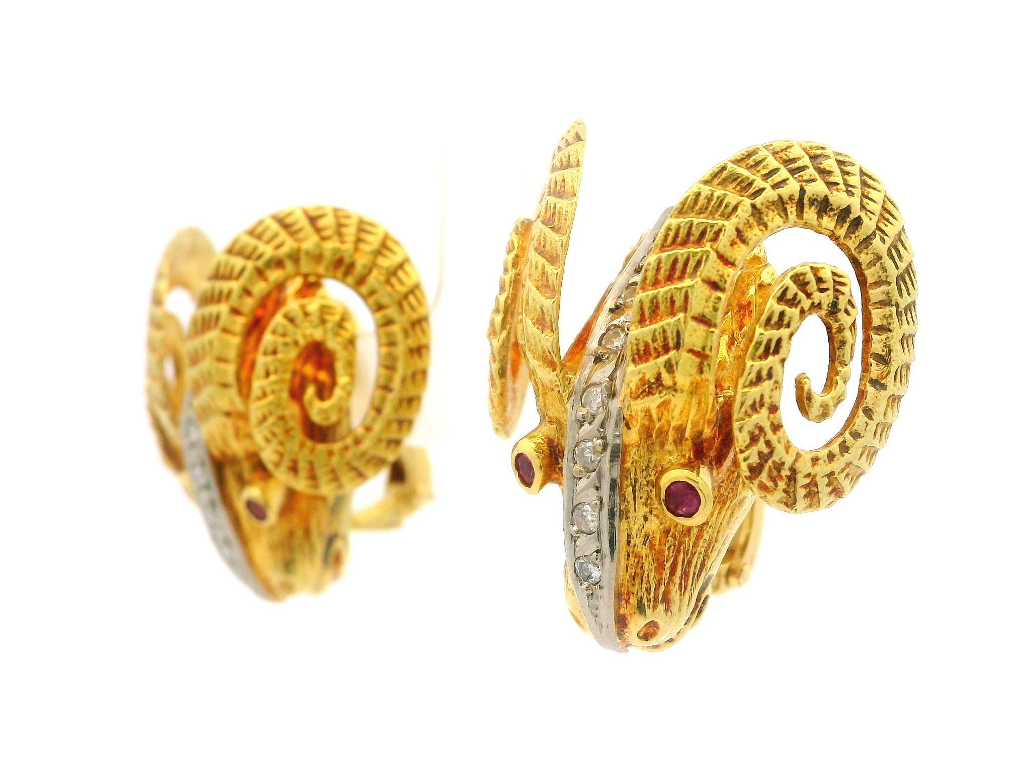 Women's Vintage Solid Gold Diamond & Ruby Large Textured Ram Head Omega Back Earrings For Sale