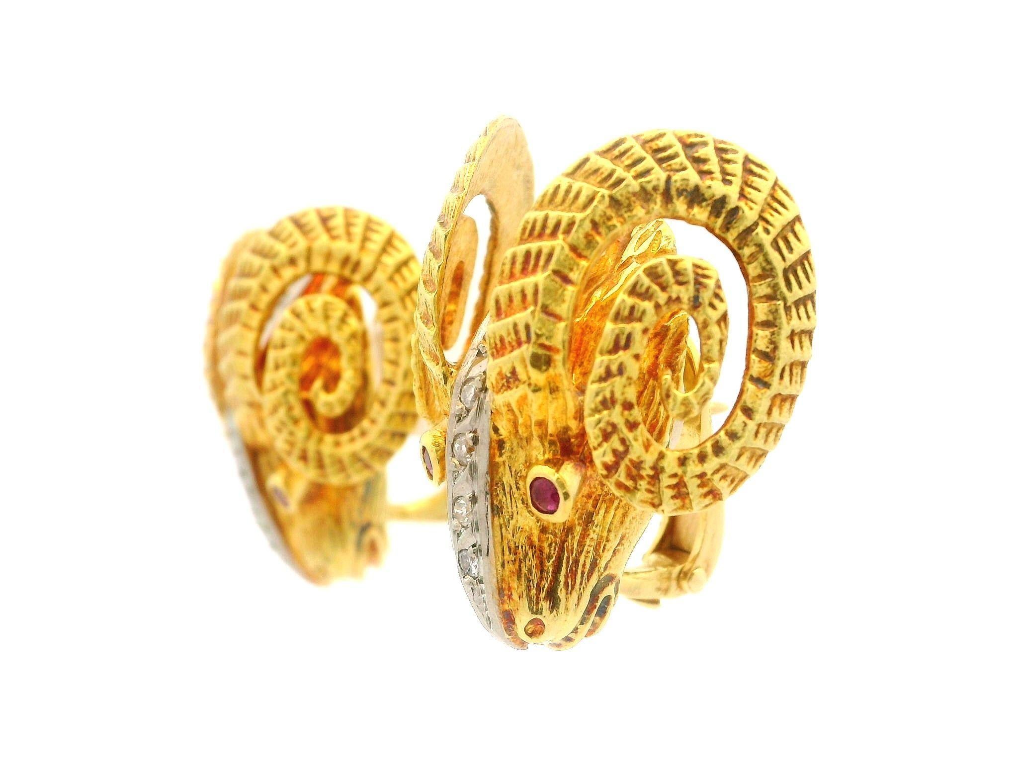 Vintage Solid Gold Diamond & Ruby Large Textured Ram Head Omega Back Earrings For Sale 1