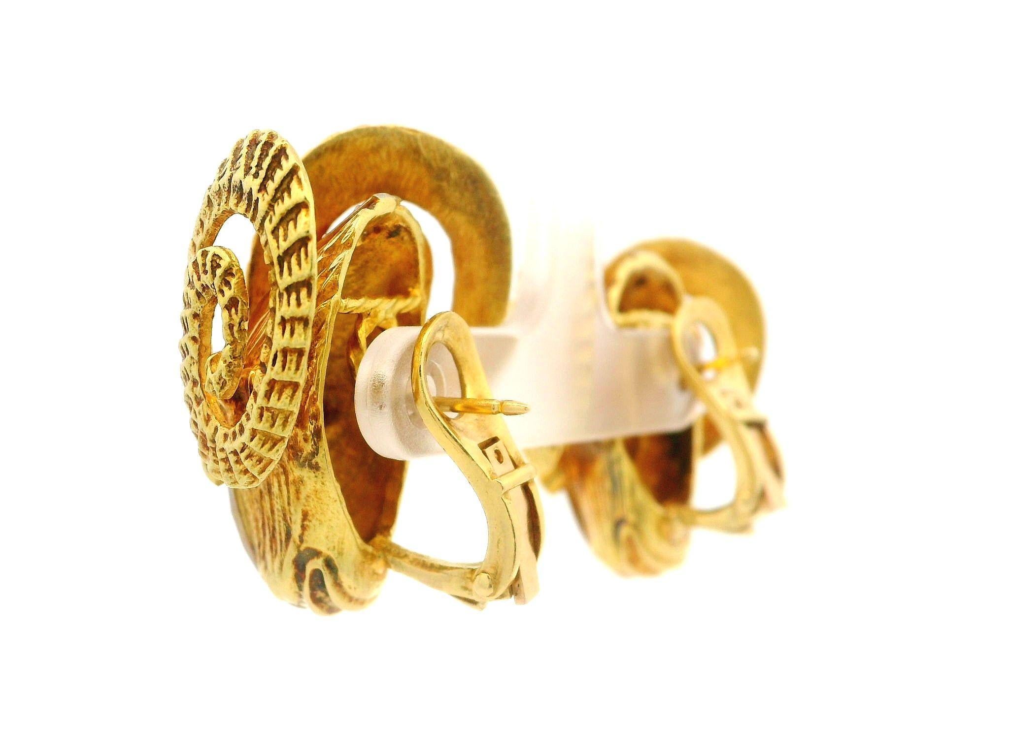Vintage Solid Gold Diamond & Ruby Large Textured Ram Head Omega Back Earrings For Sale 2