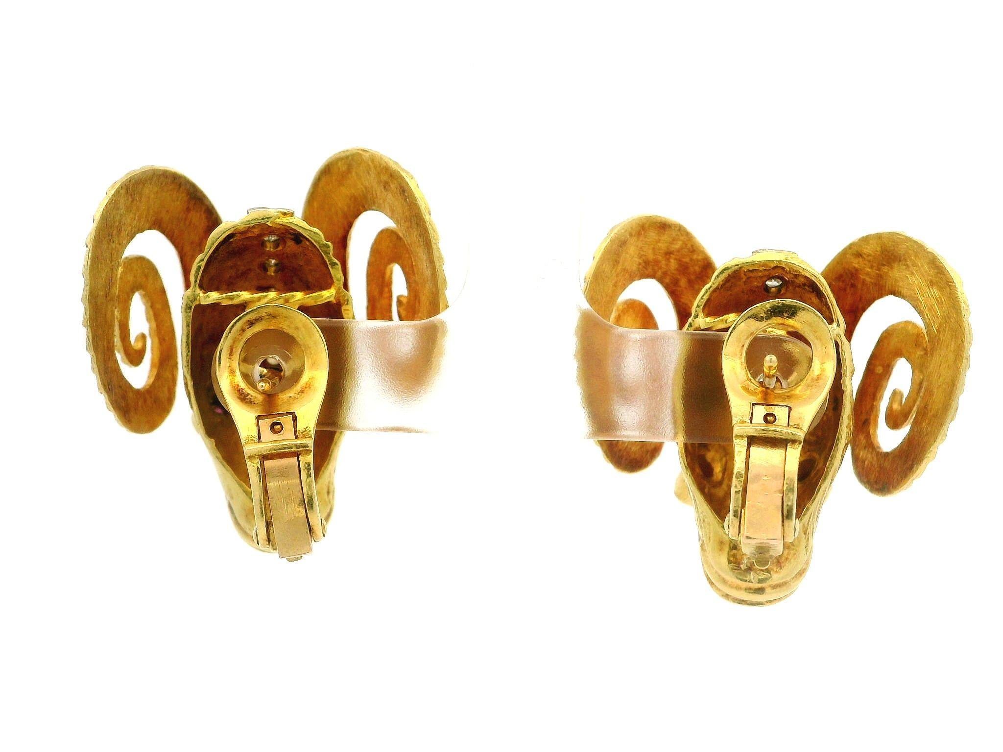 Vintage Solid Gold Diamond & Ruby Large Textured Ram Head Omega Back Earrings For Sale 3