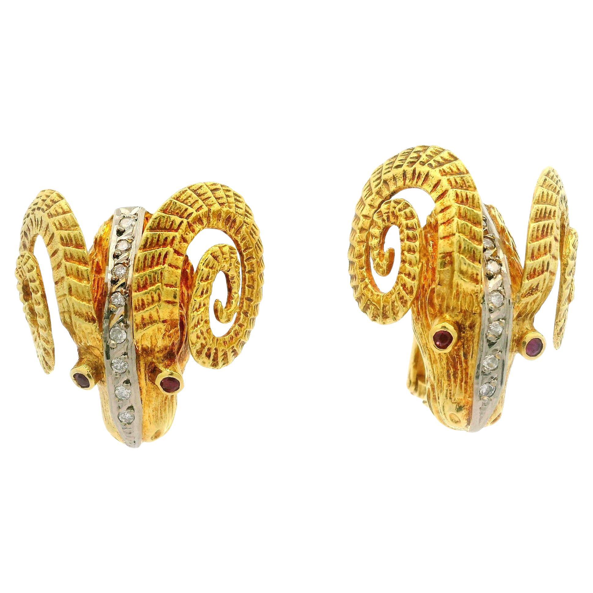 Vintage Solid Gold Diamond & Ruby Large Textured Ram Head Omega Back Earrings