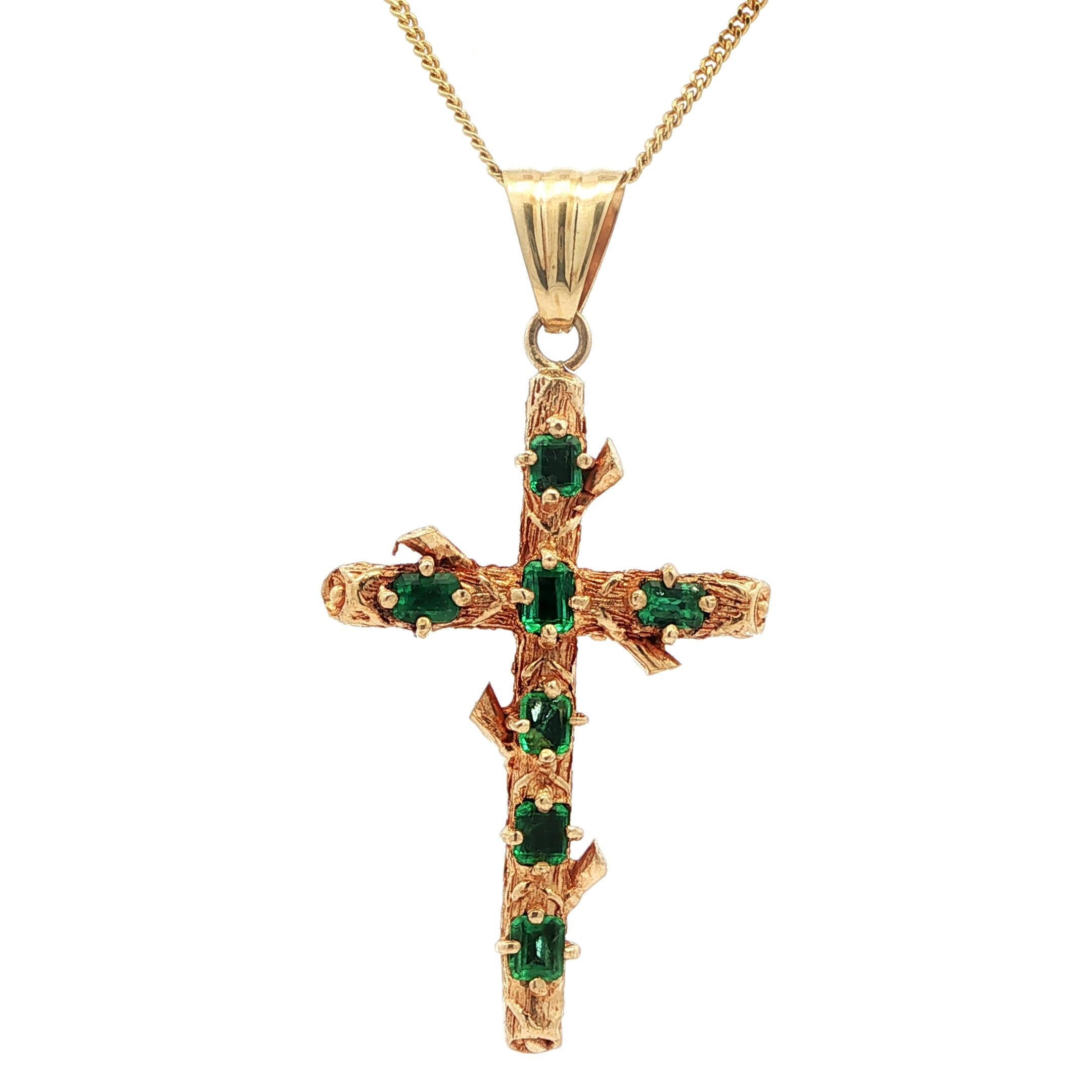 Vintage Solid Gold Emerald & Bark Textured Finish Cross Pendant 24