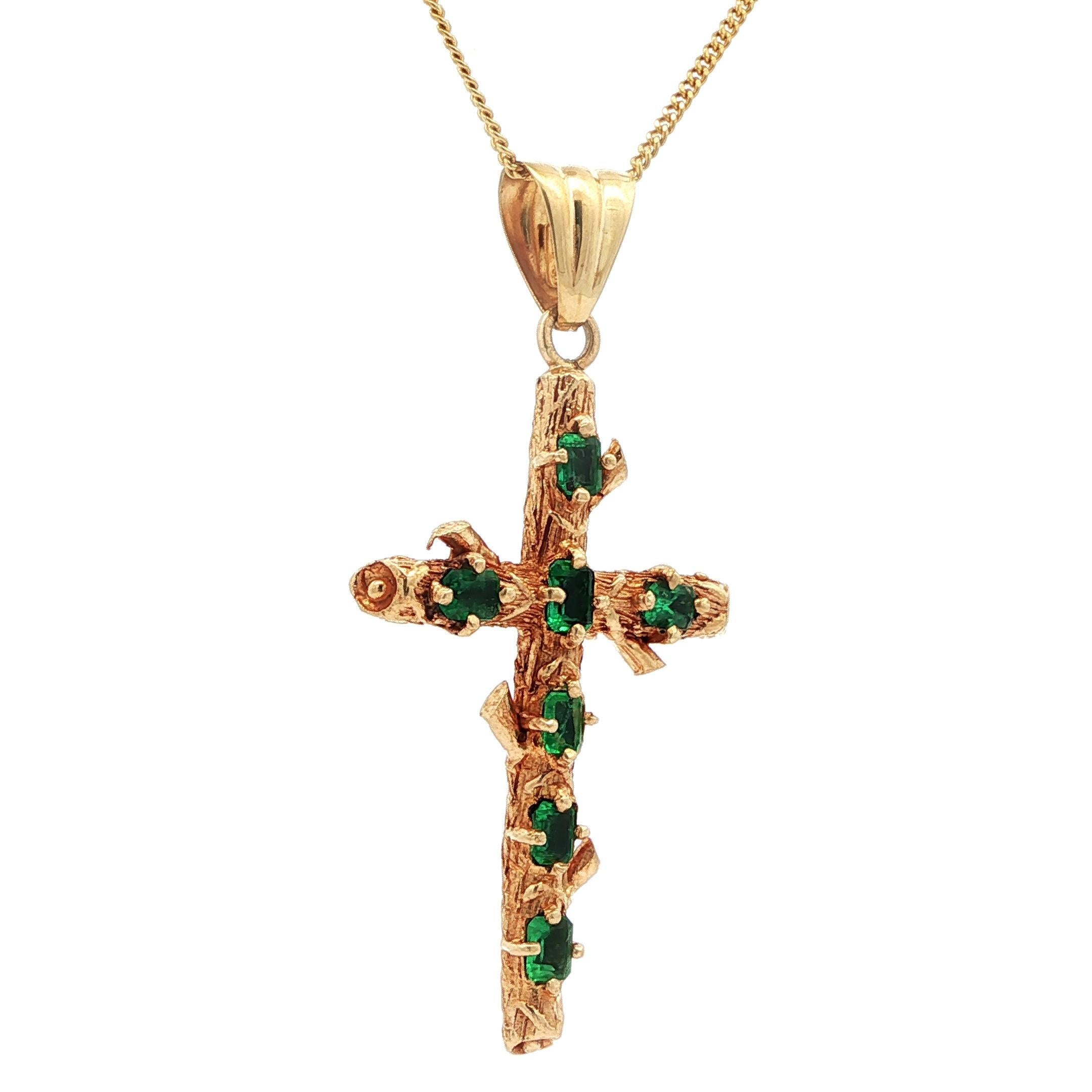 Vintage Solid Gold Emerald & Bark Textured Finish Cross Pendant 24