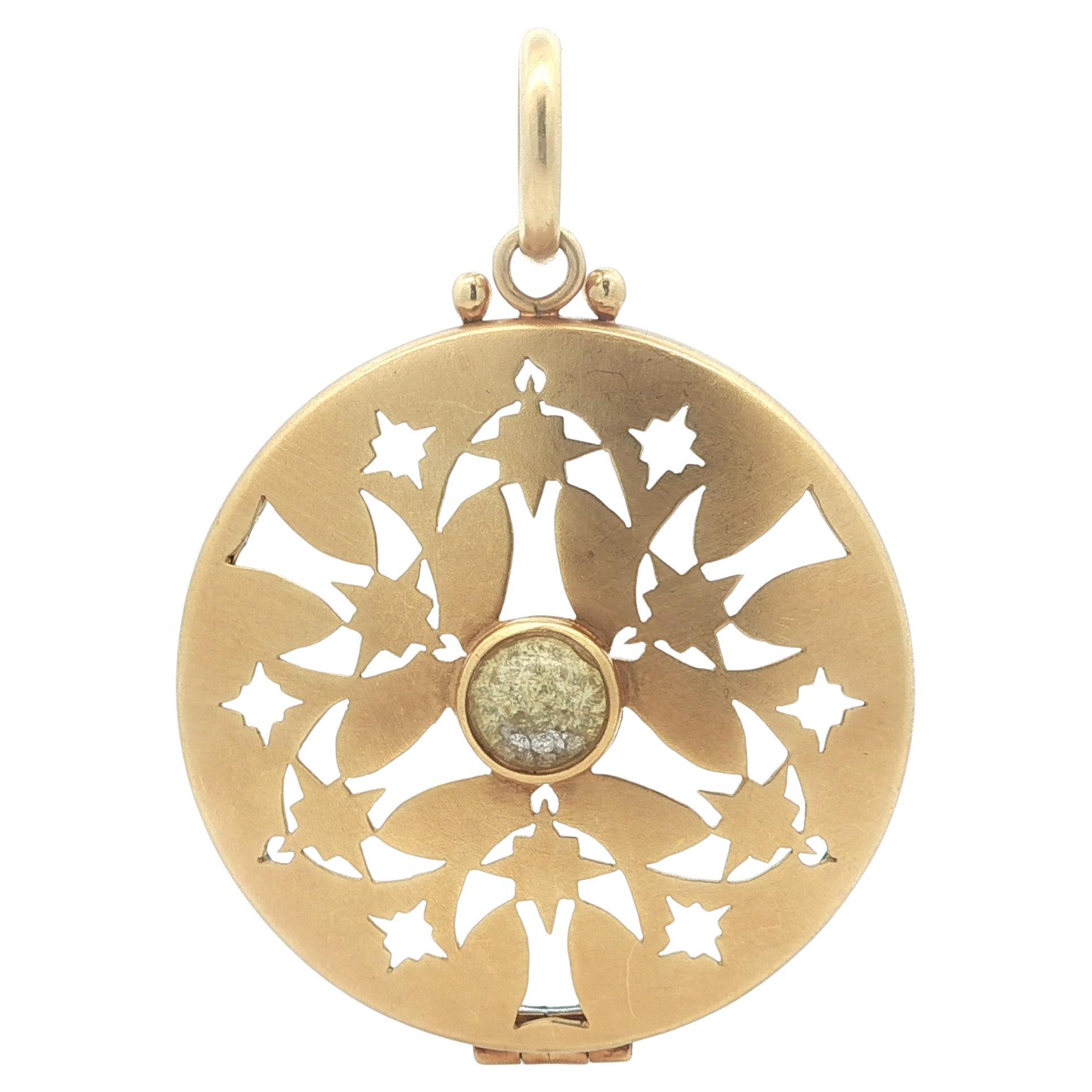 Vintage Solid Gold Floating Diamond Large Pierced Vinaigrette Locket Pendant For Sale