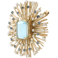 Vintage Solid Gold GIA 24.25ctw Aquamarine Sapphire Diamond Burst Brooch Pendant