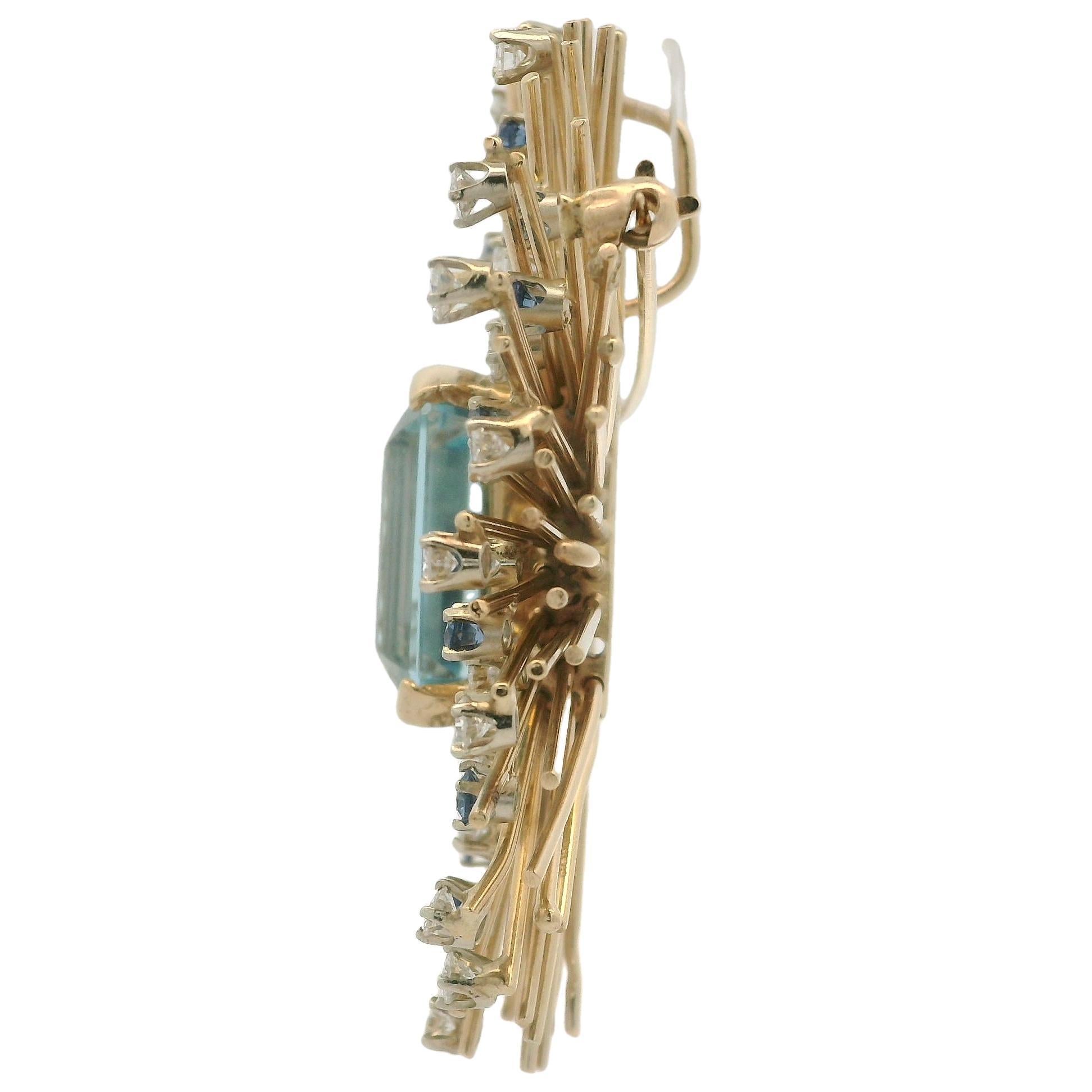 Taille émeraude Pendentif broche en or massif GIA 24.25ctw aigue-marine saphir diamant éclaté en vente