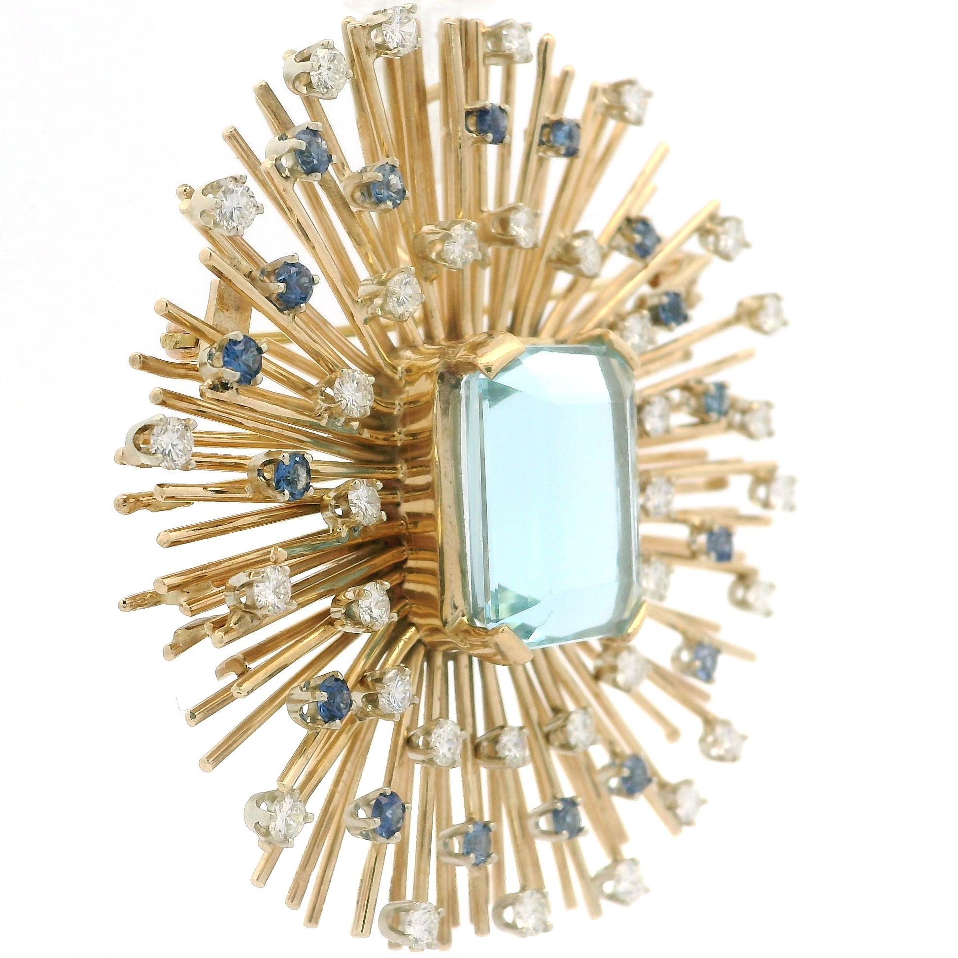Pendentif broche en or massif GIA 24.25ctw aigue-marine saphir diamant éclaté en vente 1