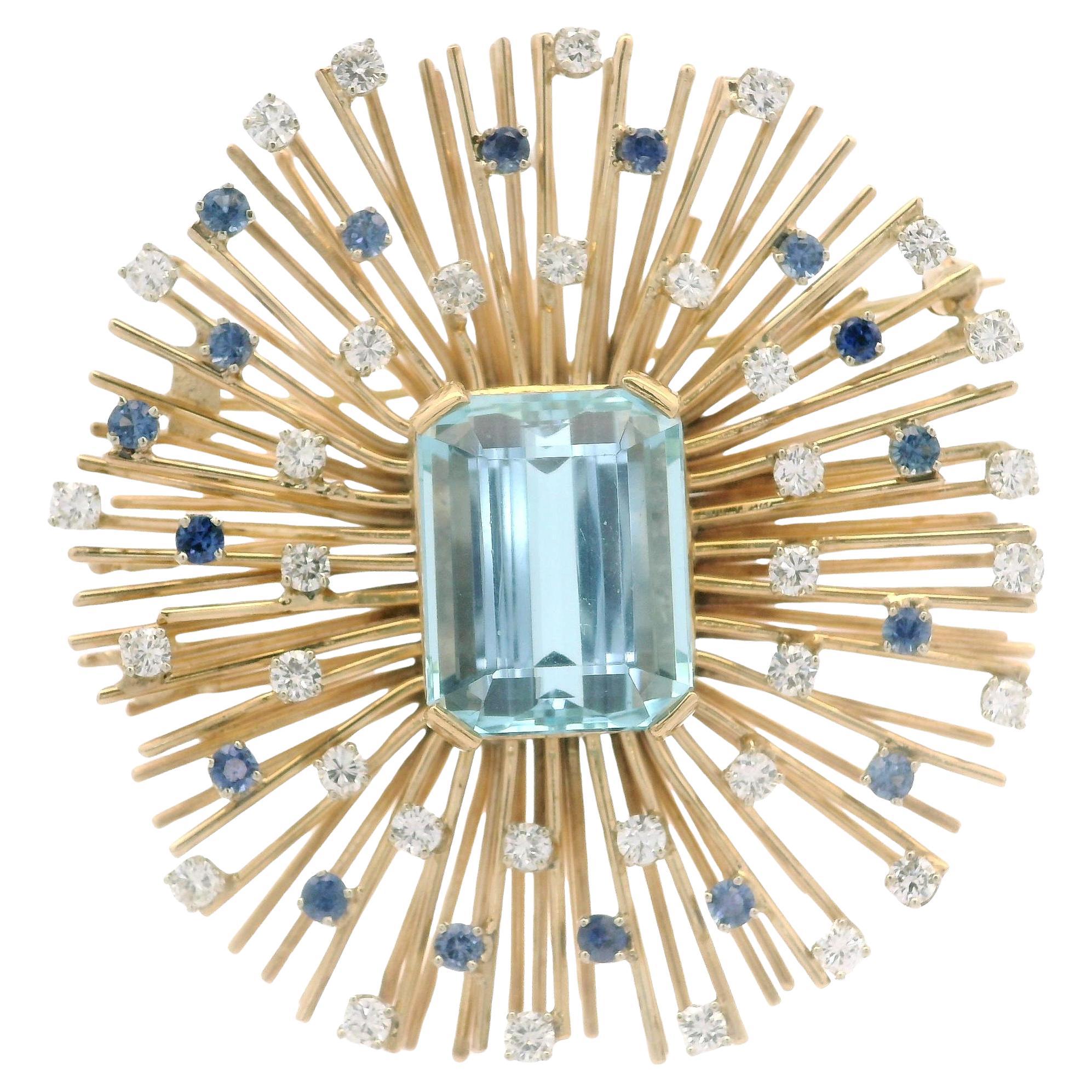 Pendentif broche en or massif GIA 24.25ctw aigue-marine saphir diamant éclaté