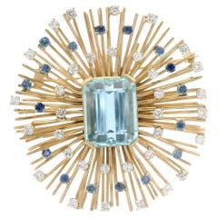 Vintage Solid Gold GIA 24.25ctw Aquamarine Sapphire Diamond Burst Brooch Pendant