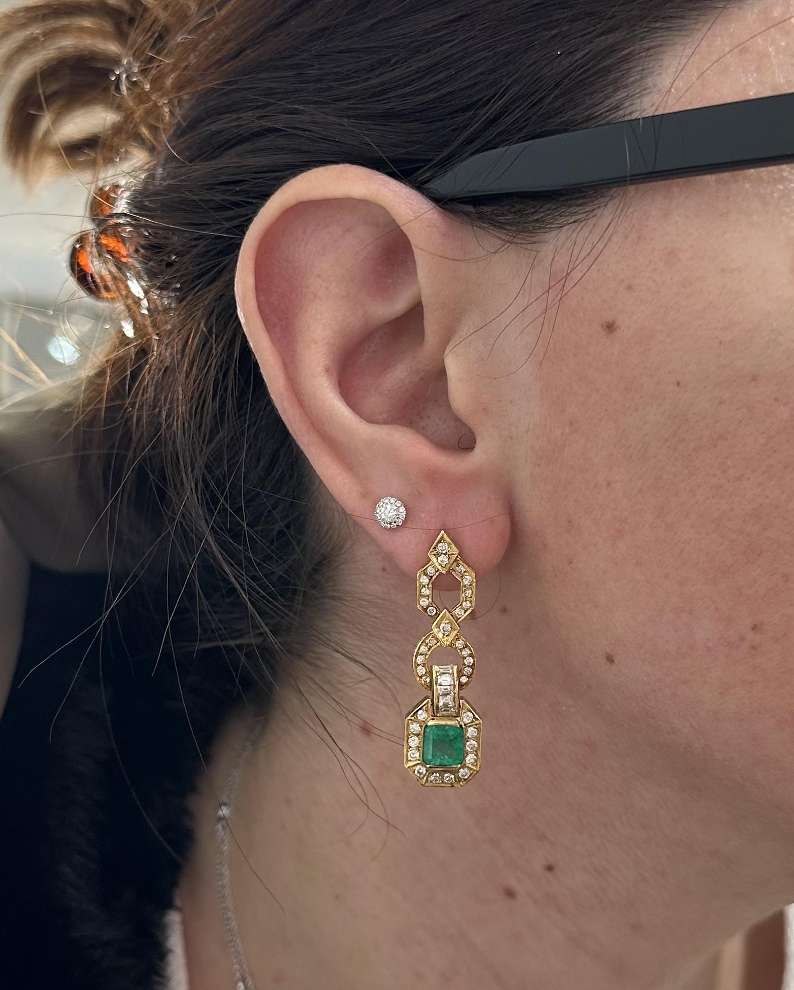 Vintage Solid Gold GIA 4.38ctw Colombian Emerald & Diamond Dangle Earrings For Sale 6
