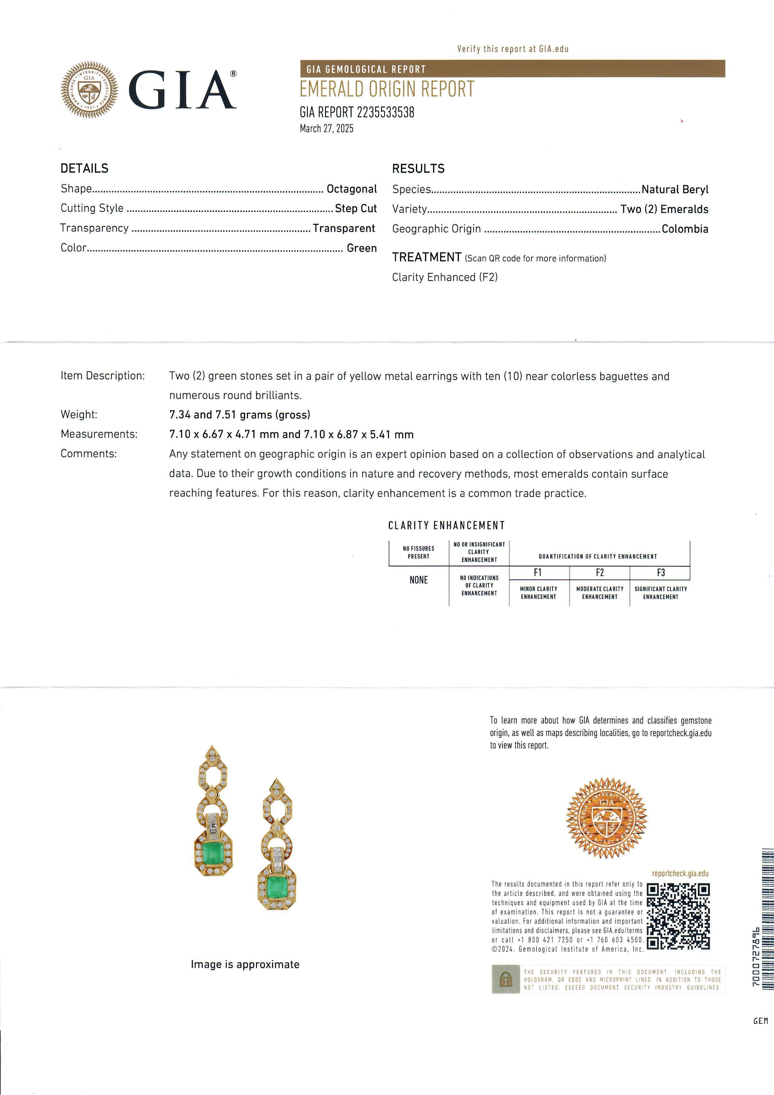 Women's Vintage Solid Gold GIA 4.38ctw Colombian Emerald & Diamond Dangle Earrings For Sale
