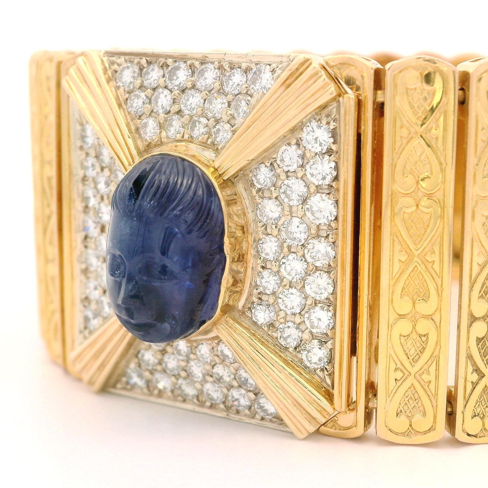 Bracelet vintage à larges lanière en or massif avec saphir sculpté GIA 9,8 carats et diamants en vente 5