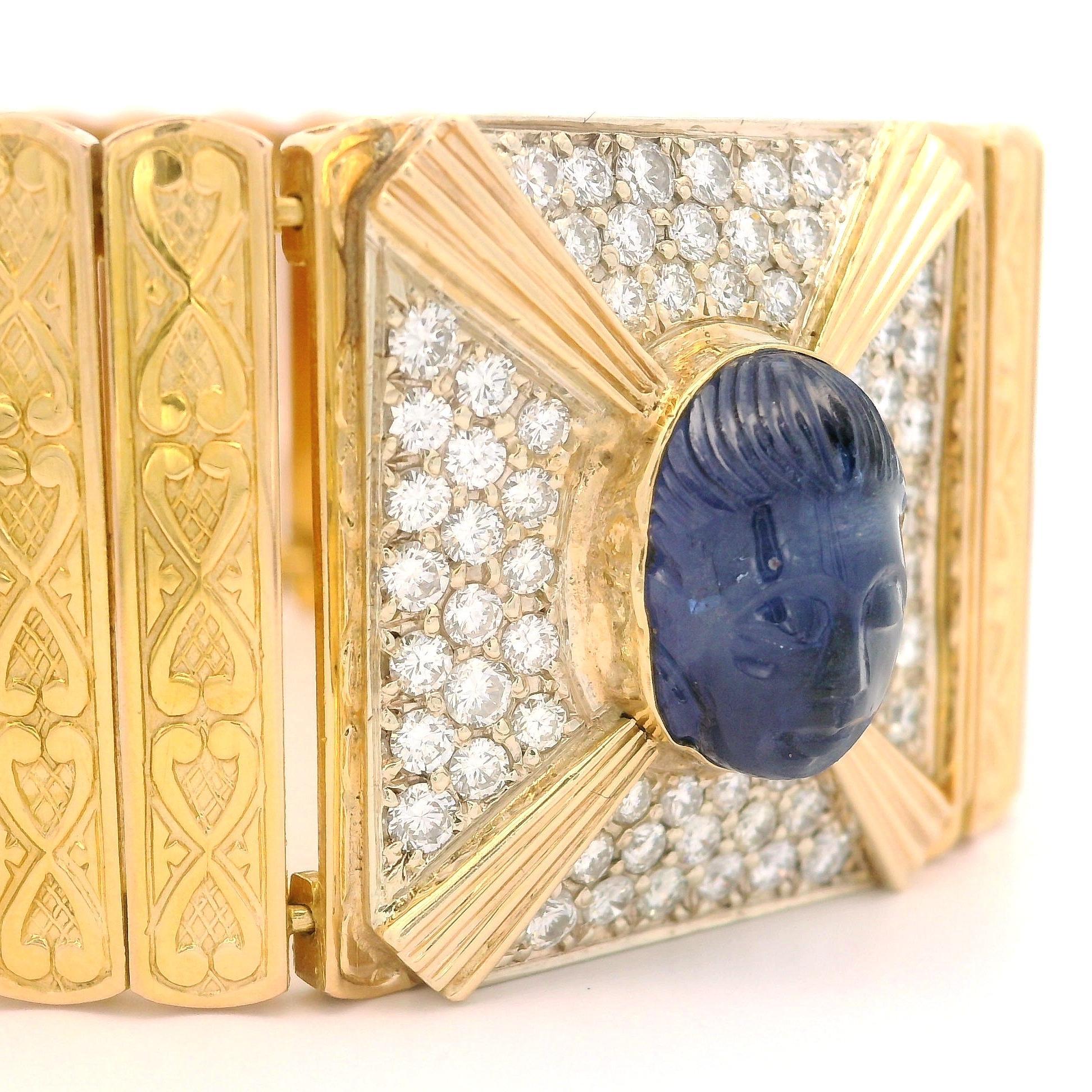 Bracelet vintage à larges lanière en or massif avec saphir sculpté GIA 9,8 carats et diamants en vente 6