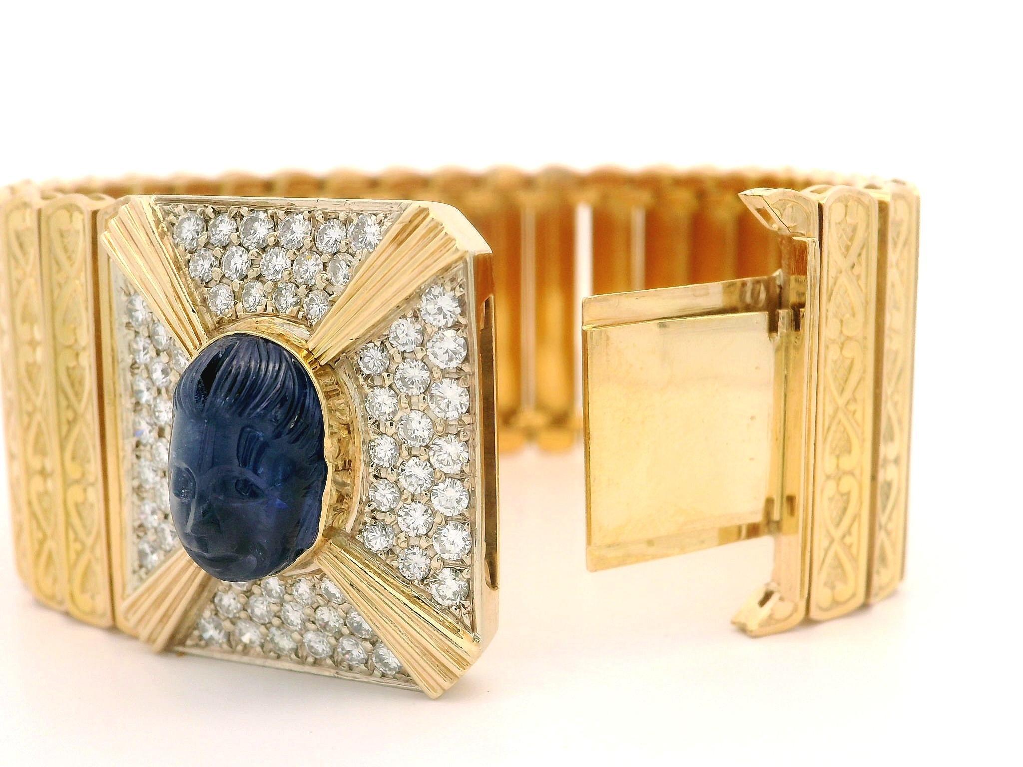 Bracelet vintage à larges lanière en or massif avec saphir sculpté GIA 9,8 carats et diamants en vente 9