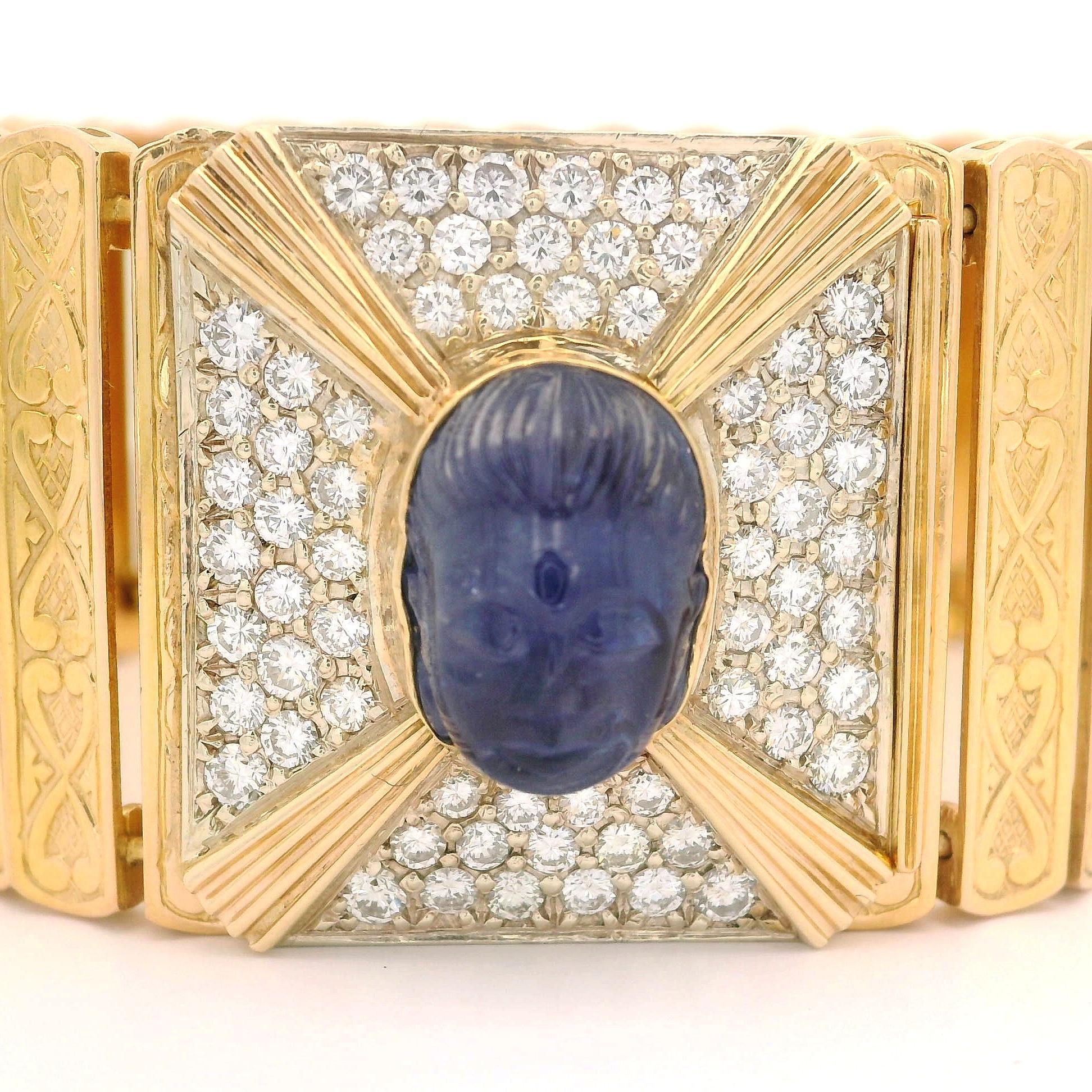 Bracelet vintage à larges lanière en or massif avec saphir sculpté GIA 9,8 carats et diamants en vente 4
