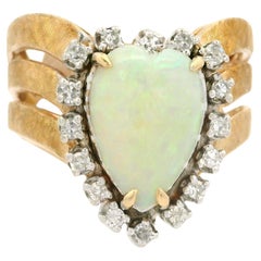 Vintage Solid Gold Heart Opal w/ 0.25ctw Diamond Halo Textured Wide Ring