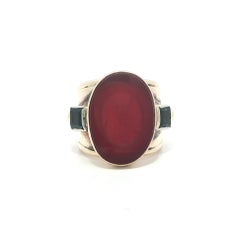 Vintage Solid Gold Intaglio Trojan Carnelian w/ Sapphire Wide Cigar Band Ring