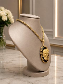 Vintage Solid Gold Large Black Onyx Cameo Face Diamond Accents Pendant Necklace
