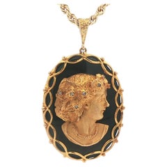 Vintage Solid Gold Large Black Onyx Cameo Face Diamond Accents Pendant Necklace