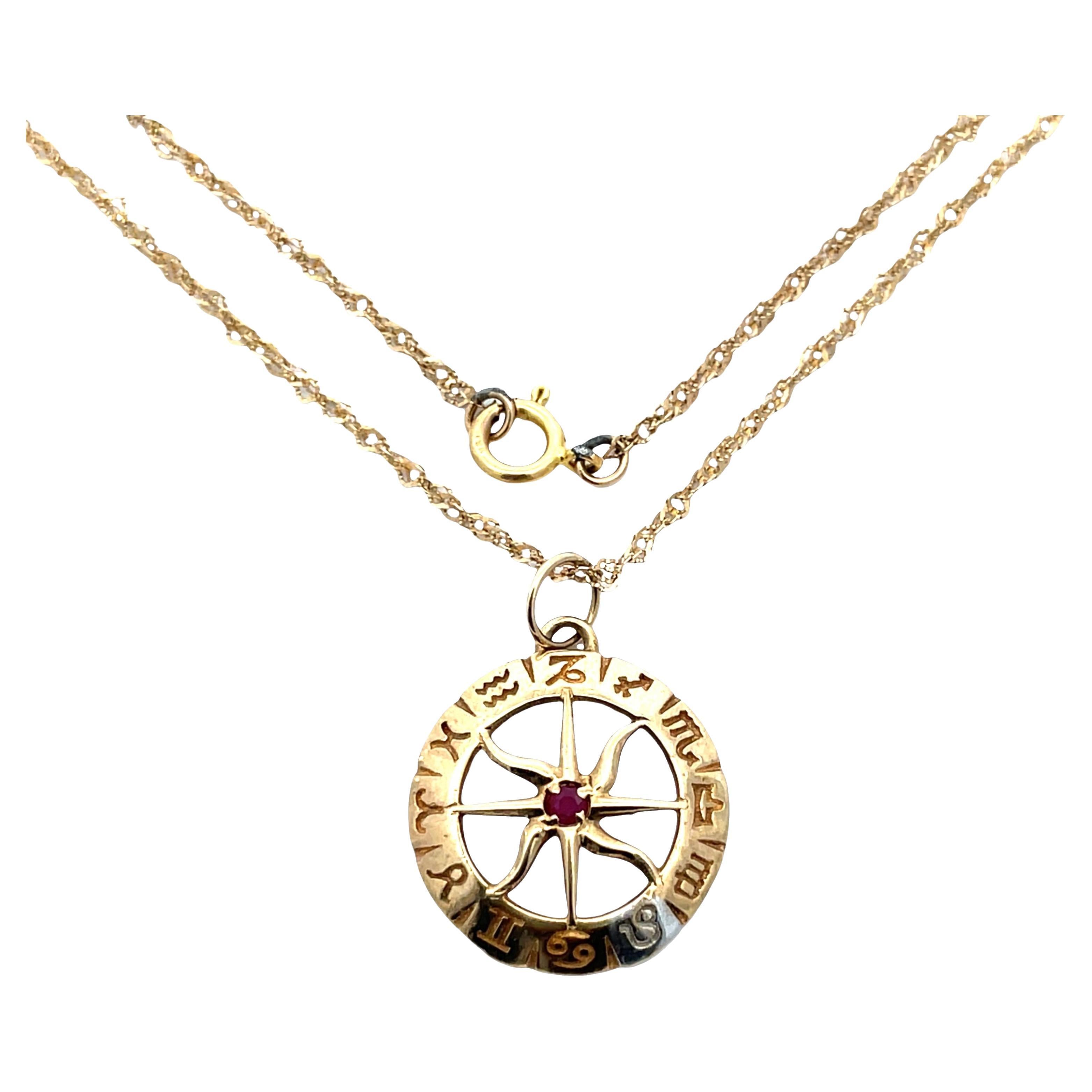 Vintage Solid Gold Leo Zodiac Necklace with Ruby Center For Sale