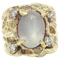 Vintage Solid Gold Men
s Star Sapphire Diamond Nugget Textured Finish Band Ring